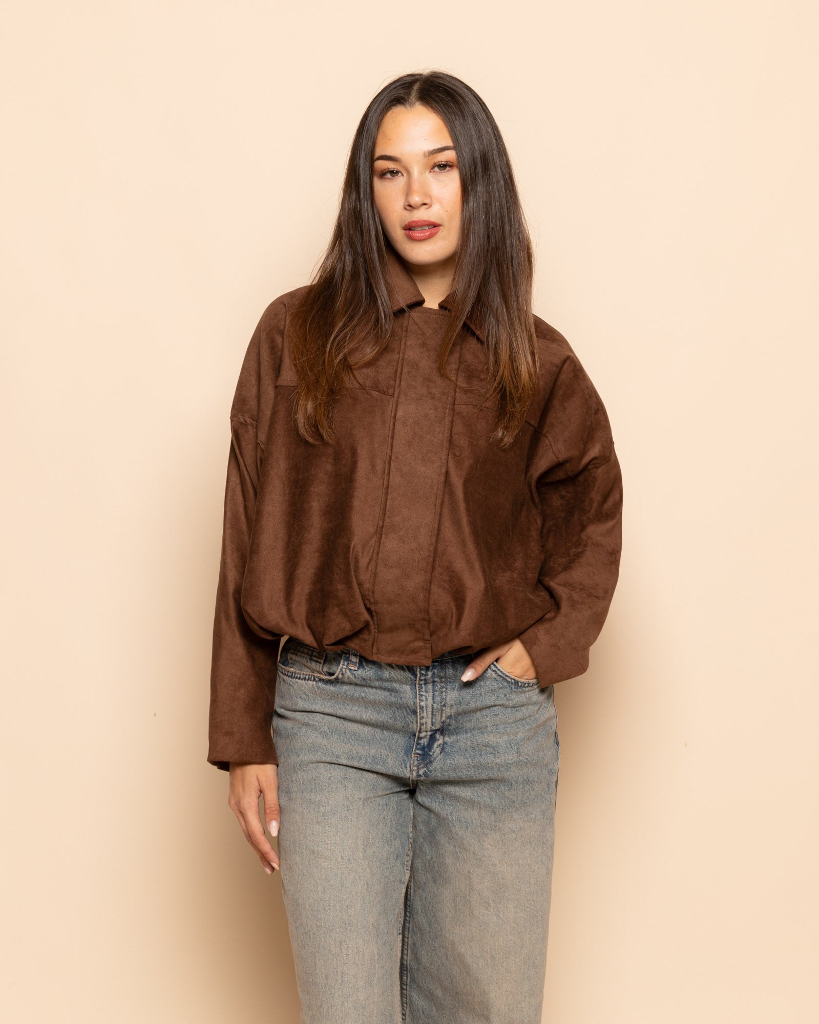 FAUX SUEDE BIKER BUBBLE HEM JACKET BRUIN