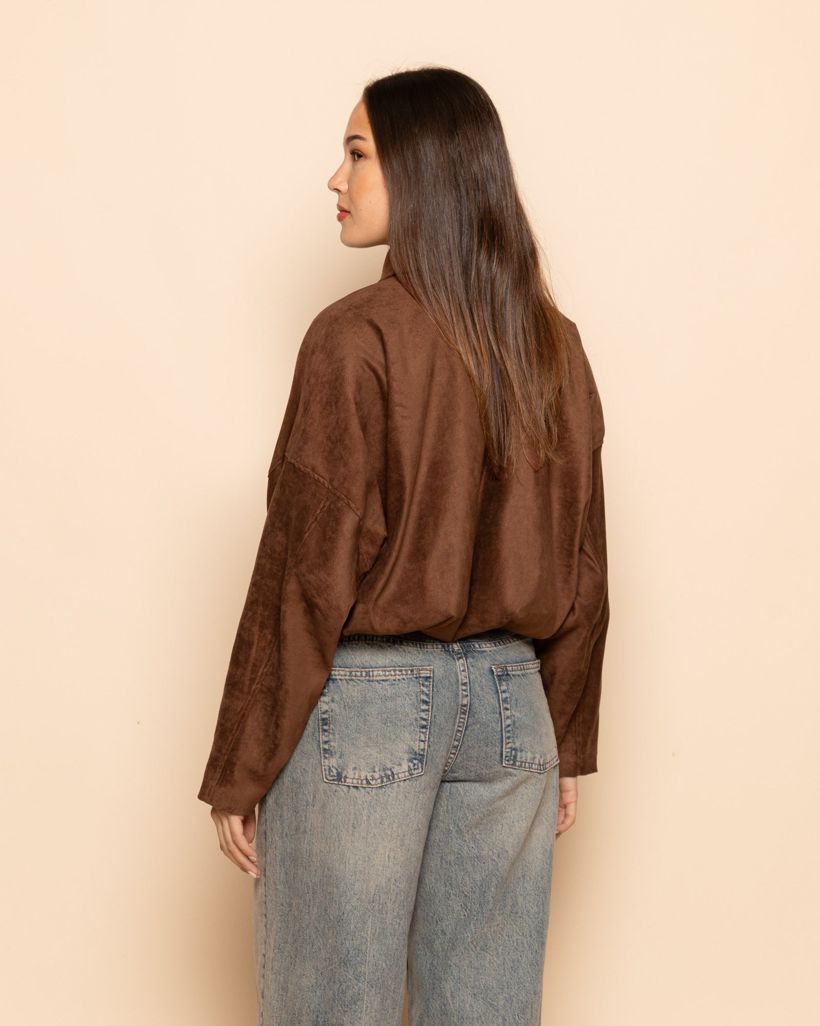 FAUX SUEDE BIKER BUBBLE HEM JACKET BRUIN