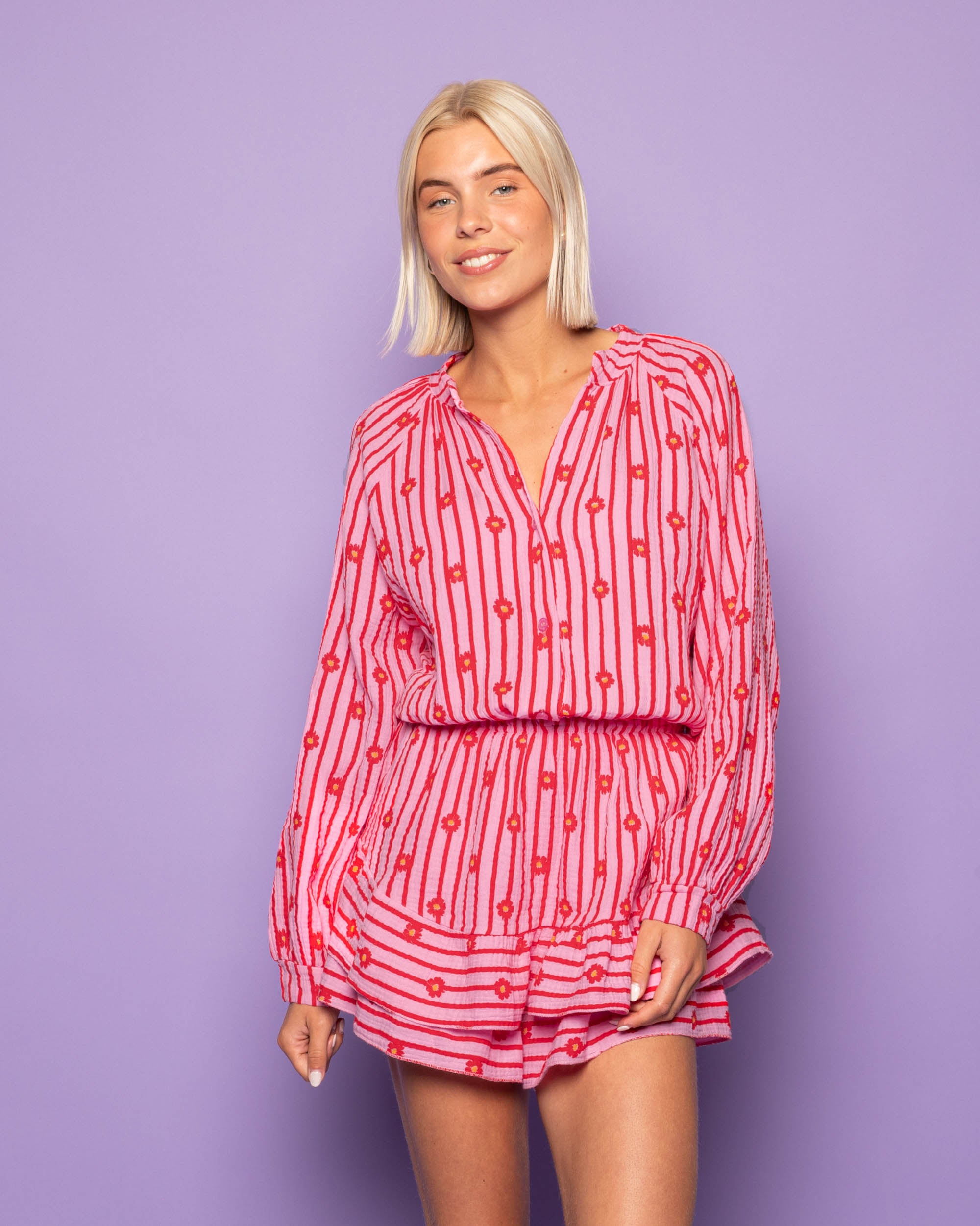 FLOWER STRIPE MOUSSELINE PLAYSUIT ROOD