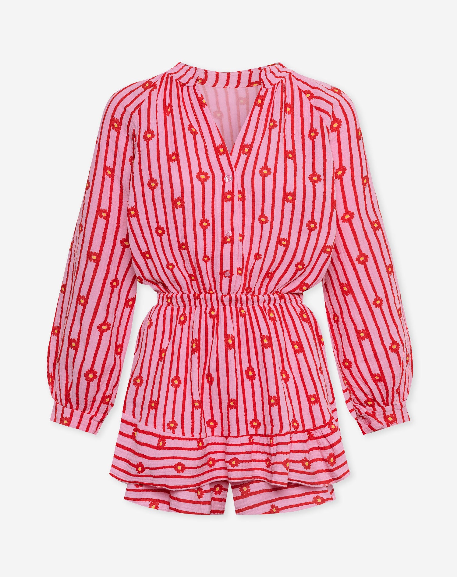 FLOWER STRIPE MOUSSELINE PLAYSUIT ROOD