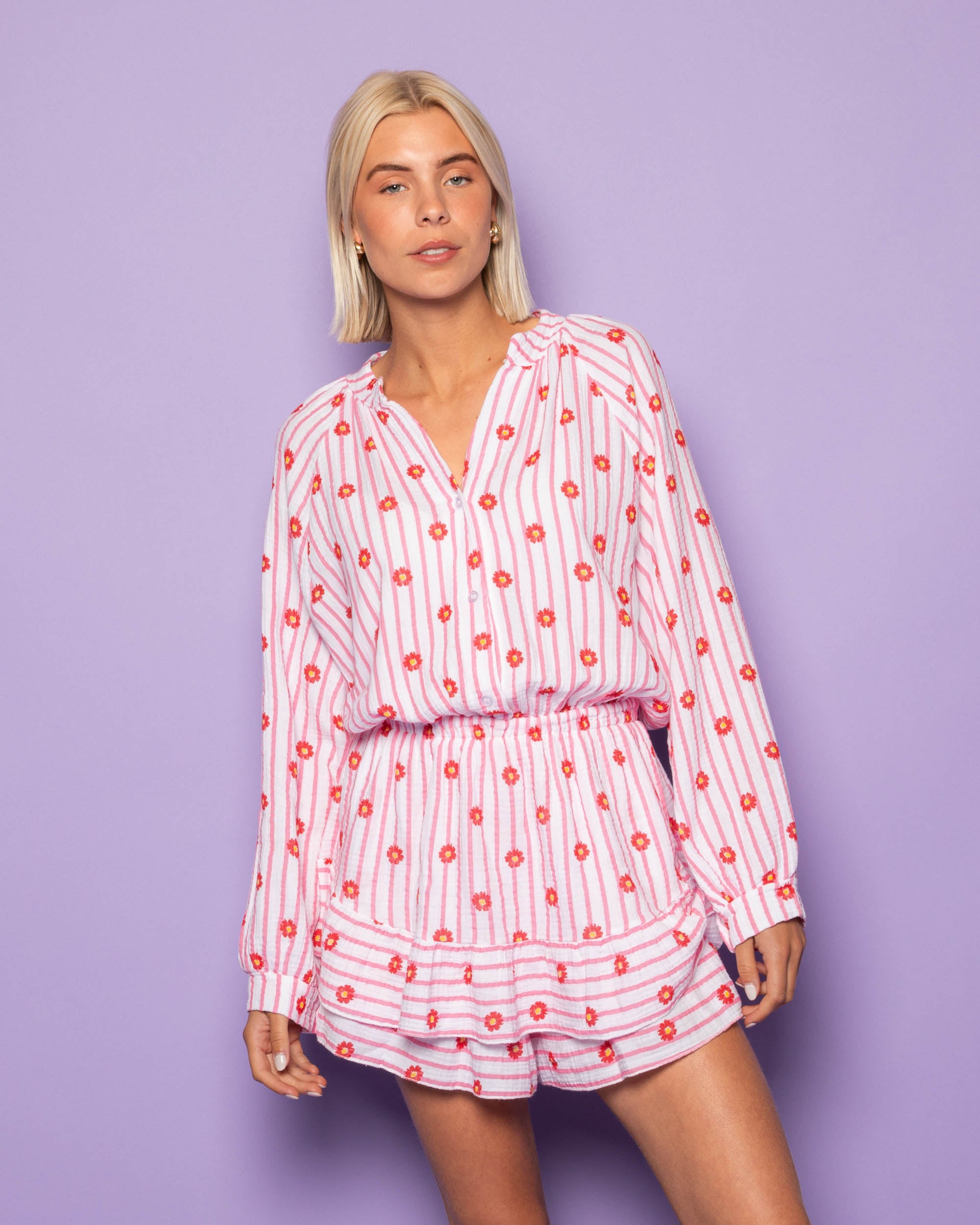 FLOWER STRIPE MOUSSELINE PLAYSUIT ROZE