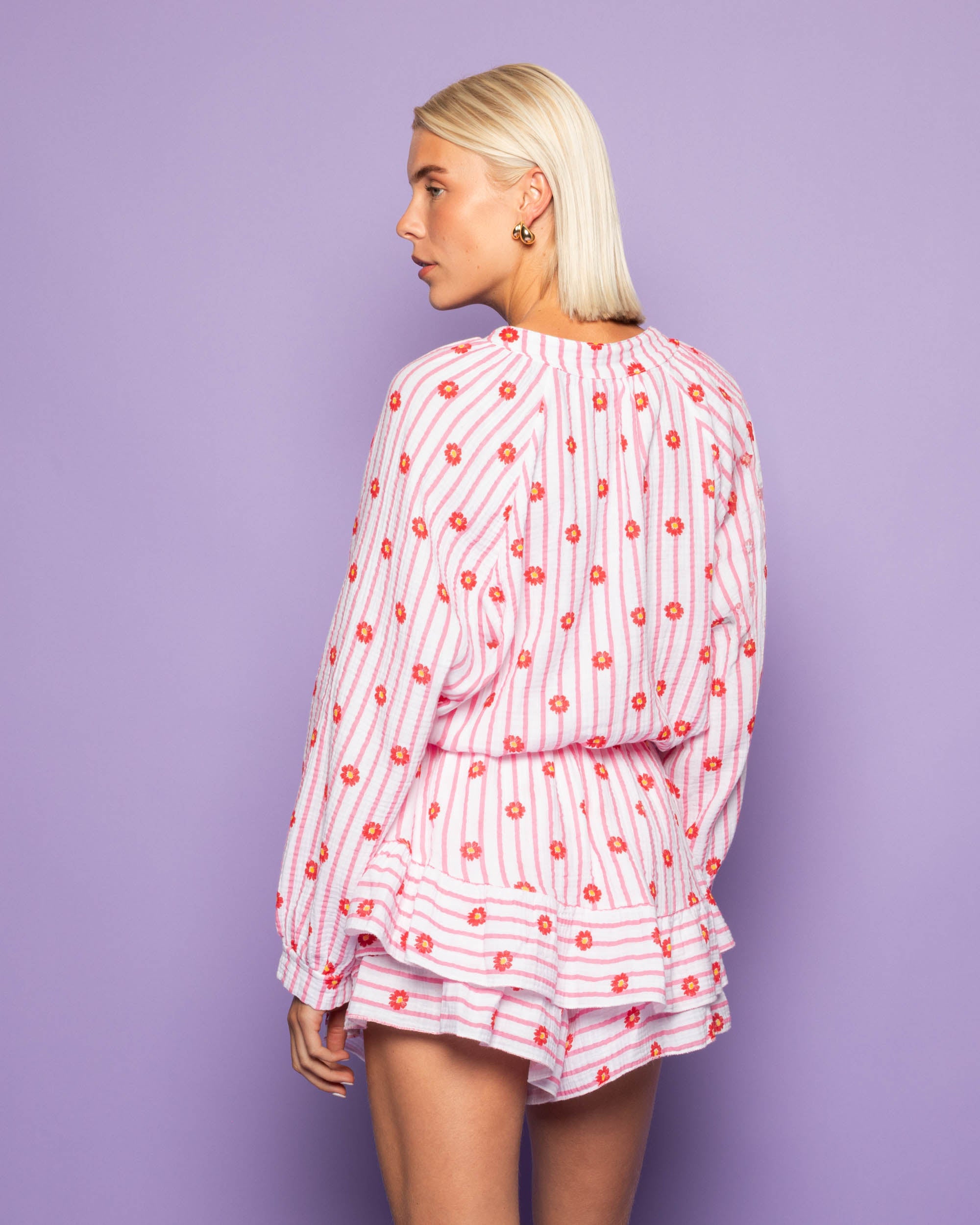 FLOWER STRIPE MOUSSELINE PLAYSUIT ROZE