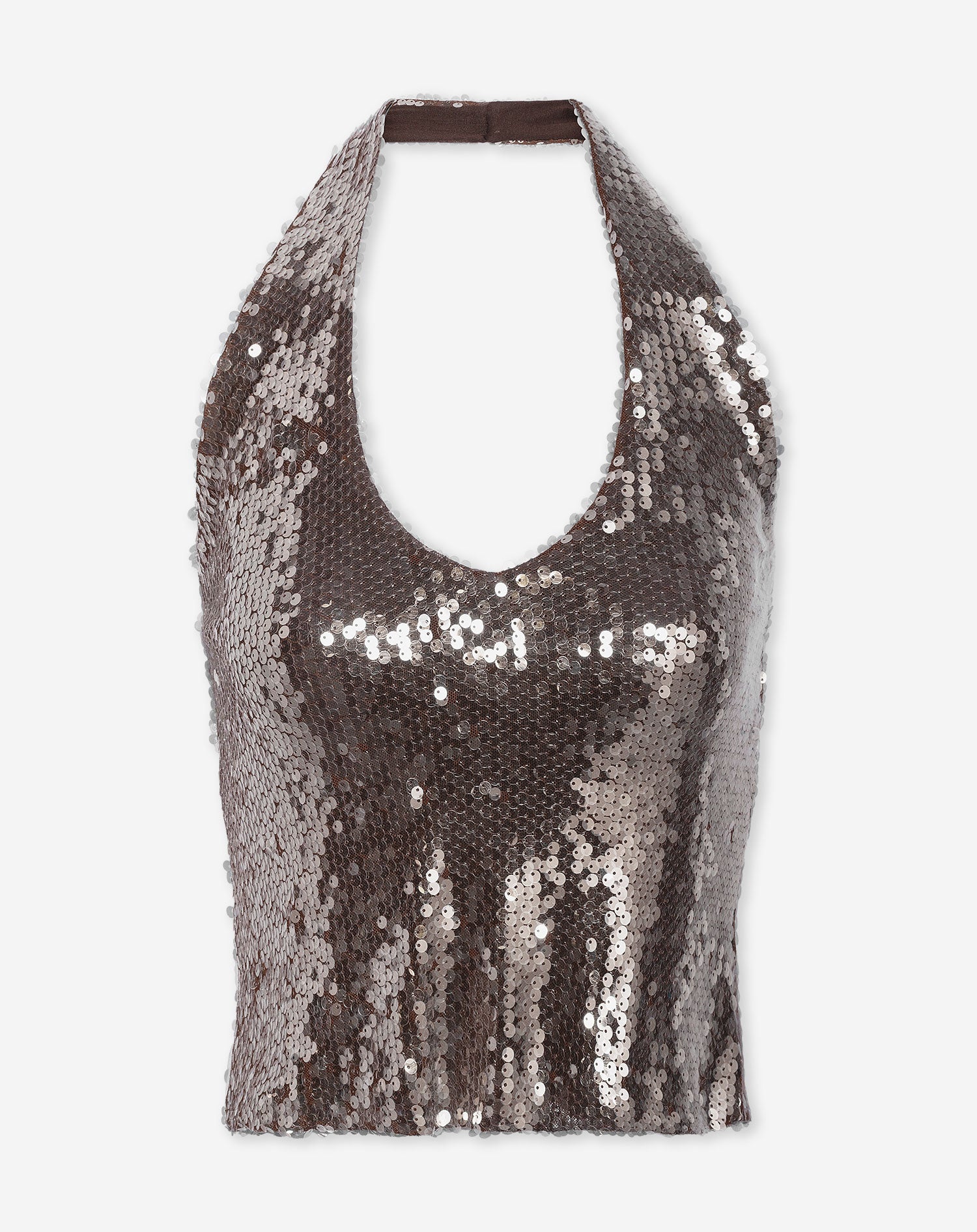 TRANSPARENT SEQUINS HALTER TOP BROWN