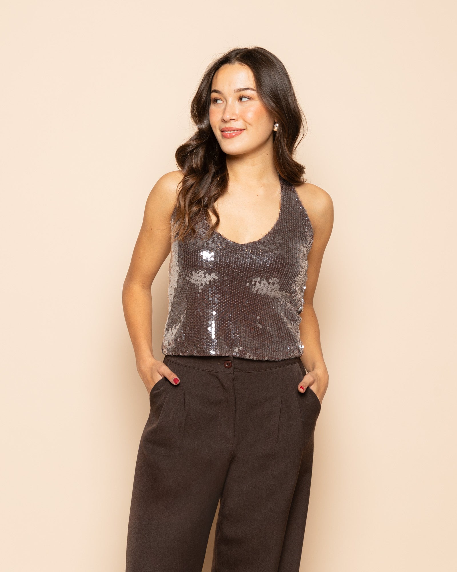 TRANSPARENT SEQUINS HALTER TOP BROWN