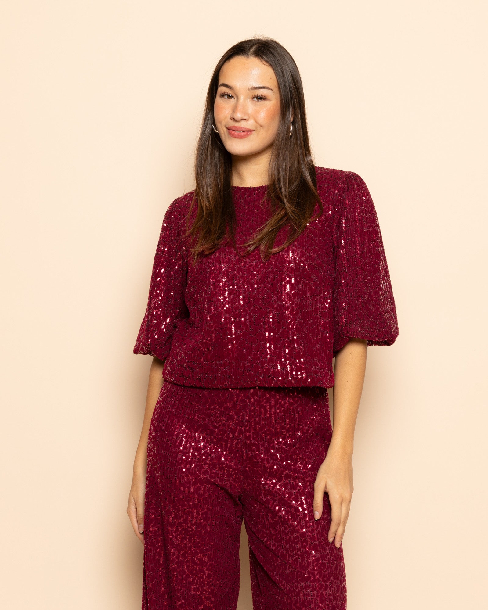 VELVET FLOCK SEQUINS PUFF SLEEVE TOP BURGUNDY