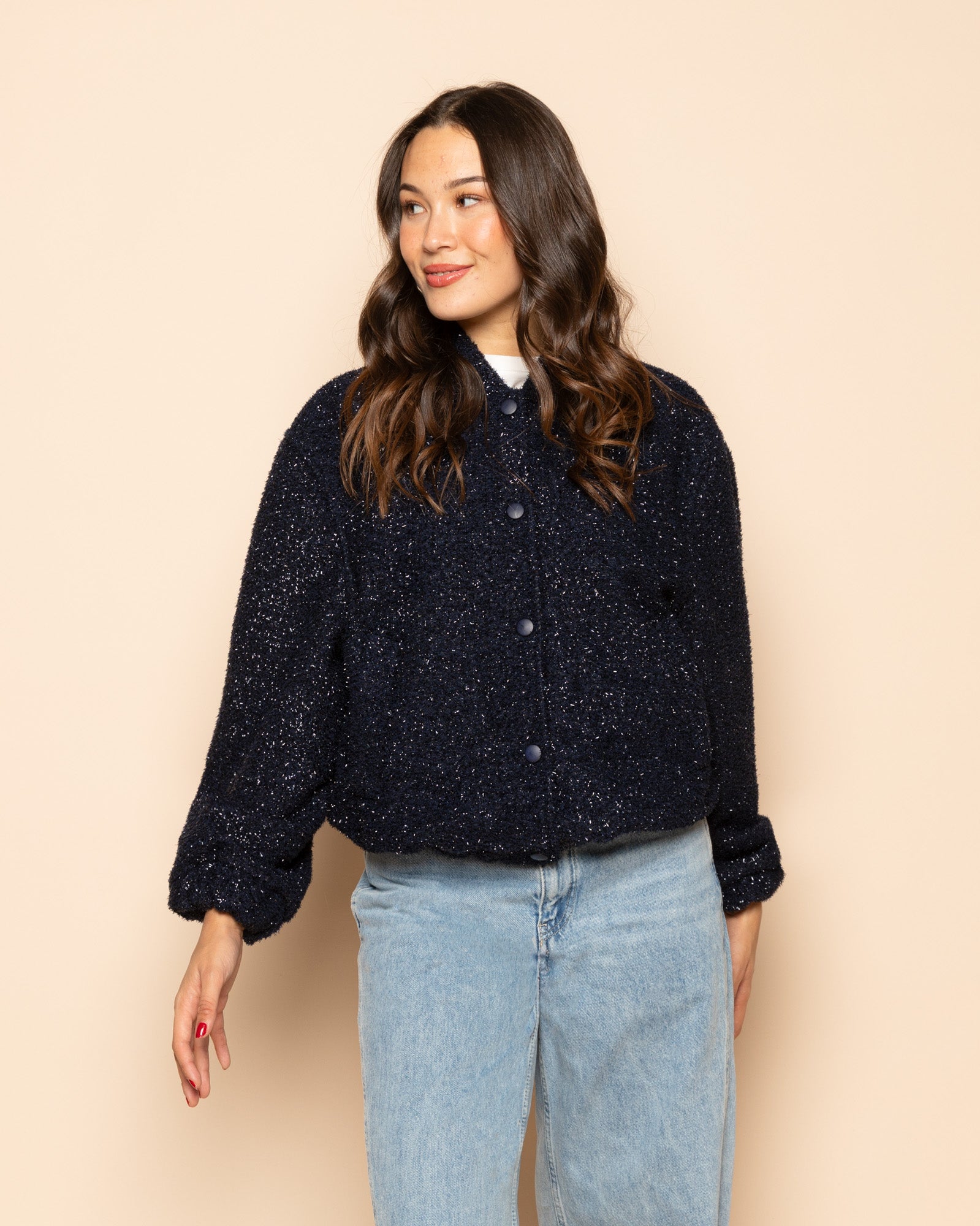 GLITTER BOUCLE JACKET MARINEBLAUW