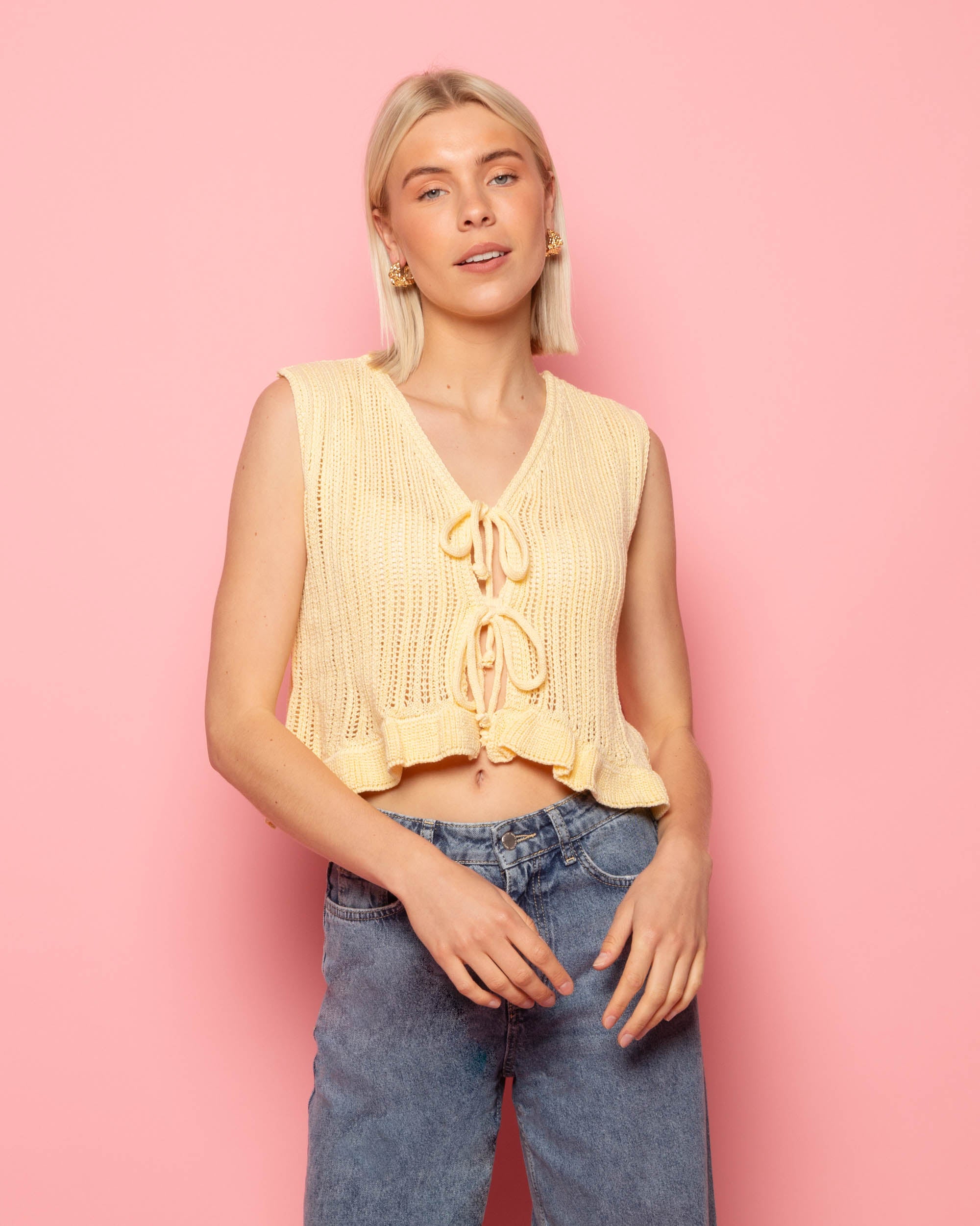 GAIA CROCHET BOWS TOP BUTTER YELLOW