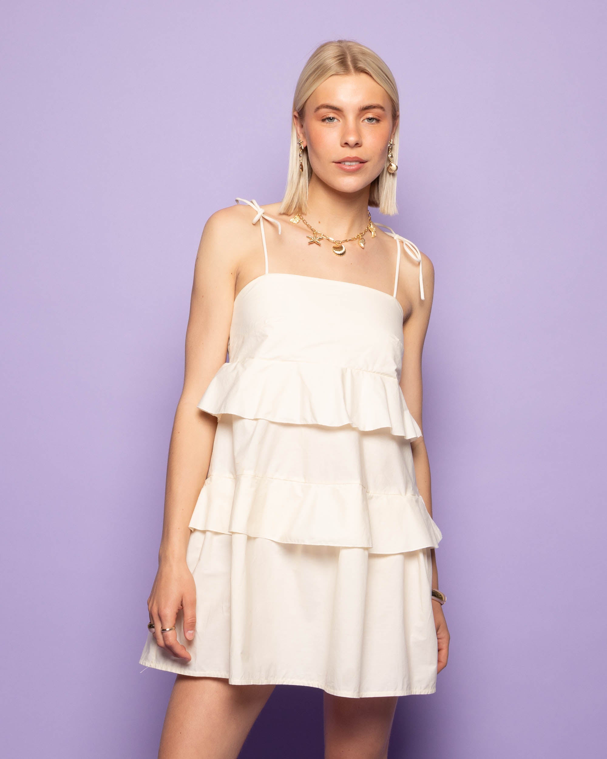 ROAMY POPLIN RUFFLE DRESS BUTTER YELLOW