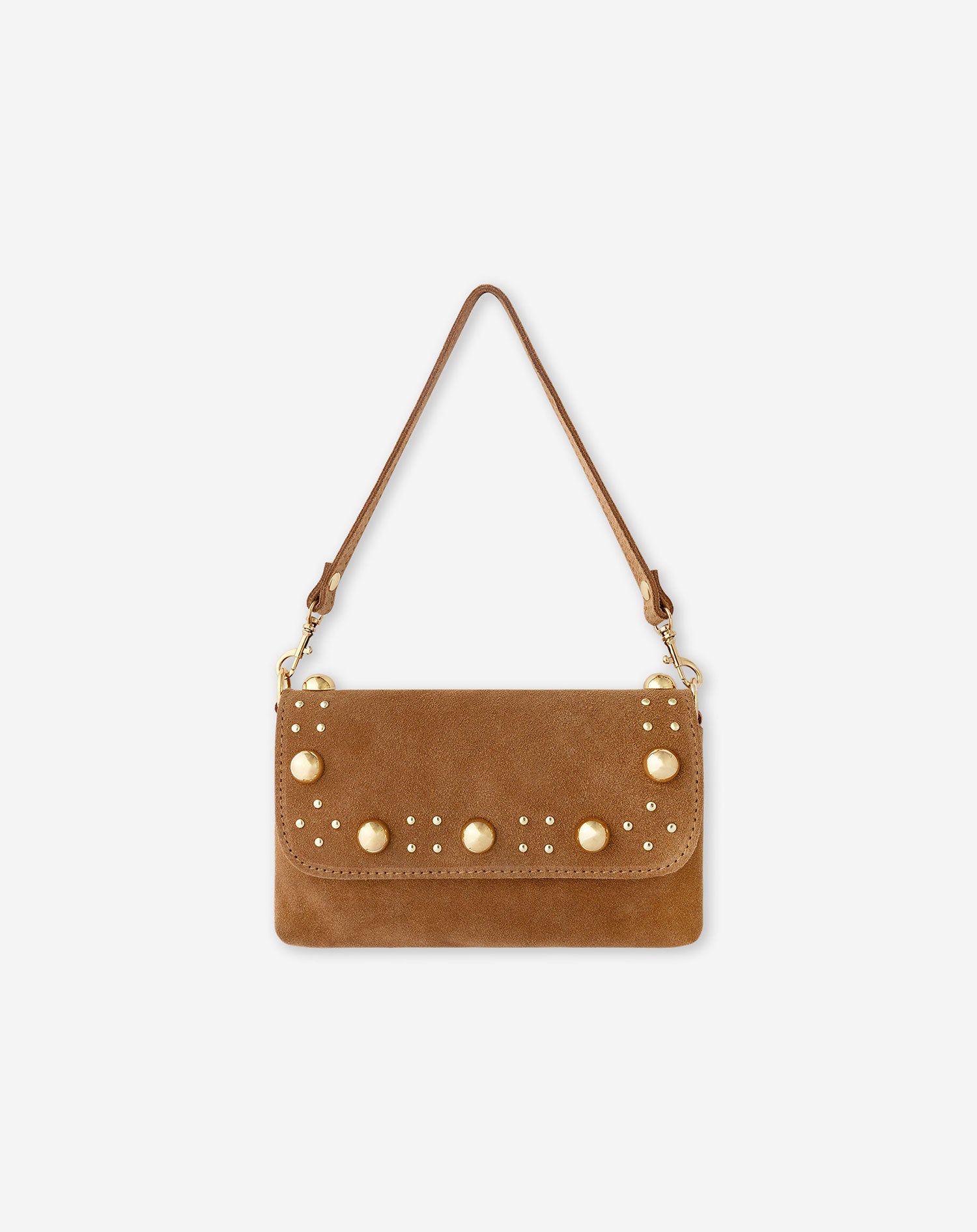 LIANN SUEDE STUDDED FLAP BAG CAMEL