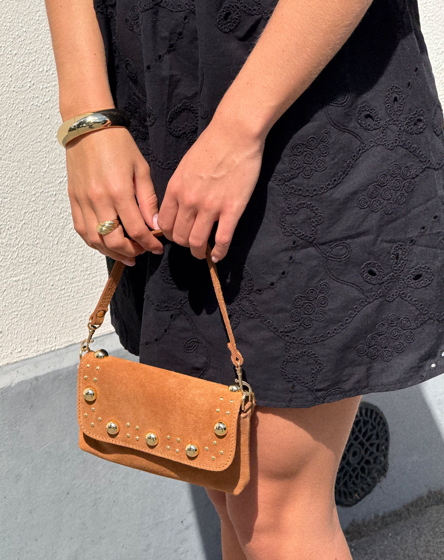 LIANN SUEDE STUDDED FLAP BAG CAMEL