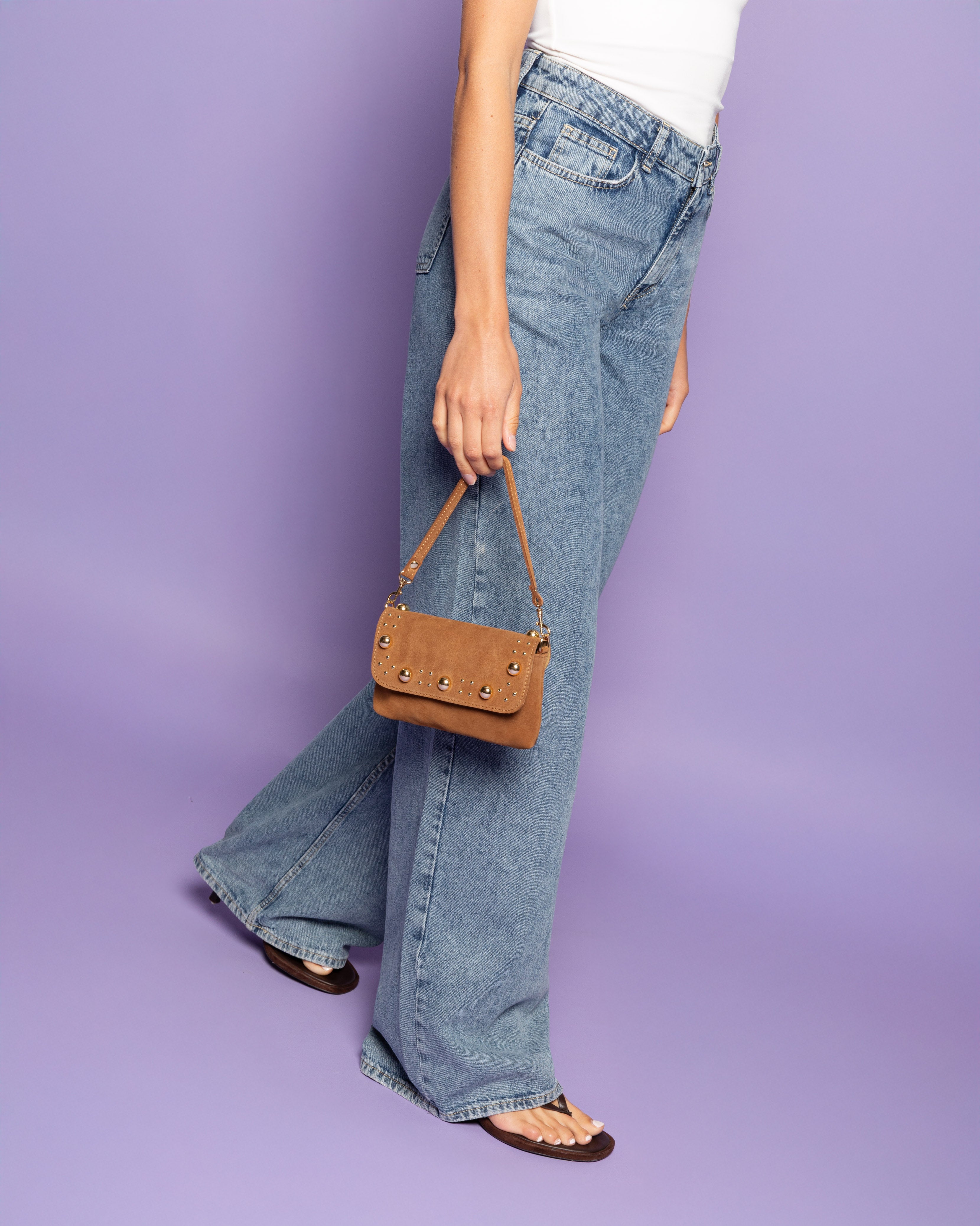 LIANN SUEDE STUDDED FLAP BAG CAMEL