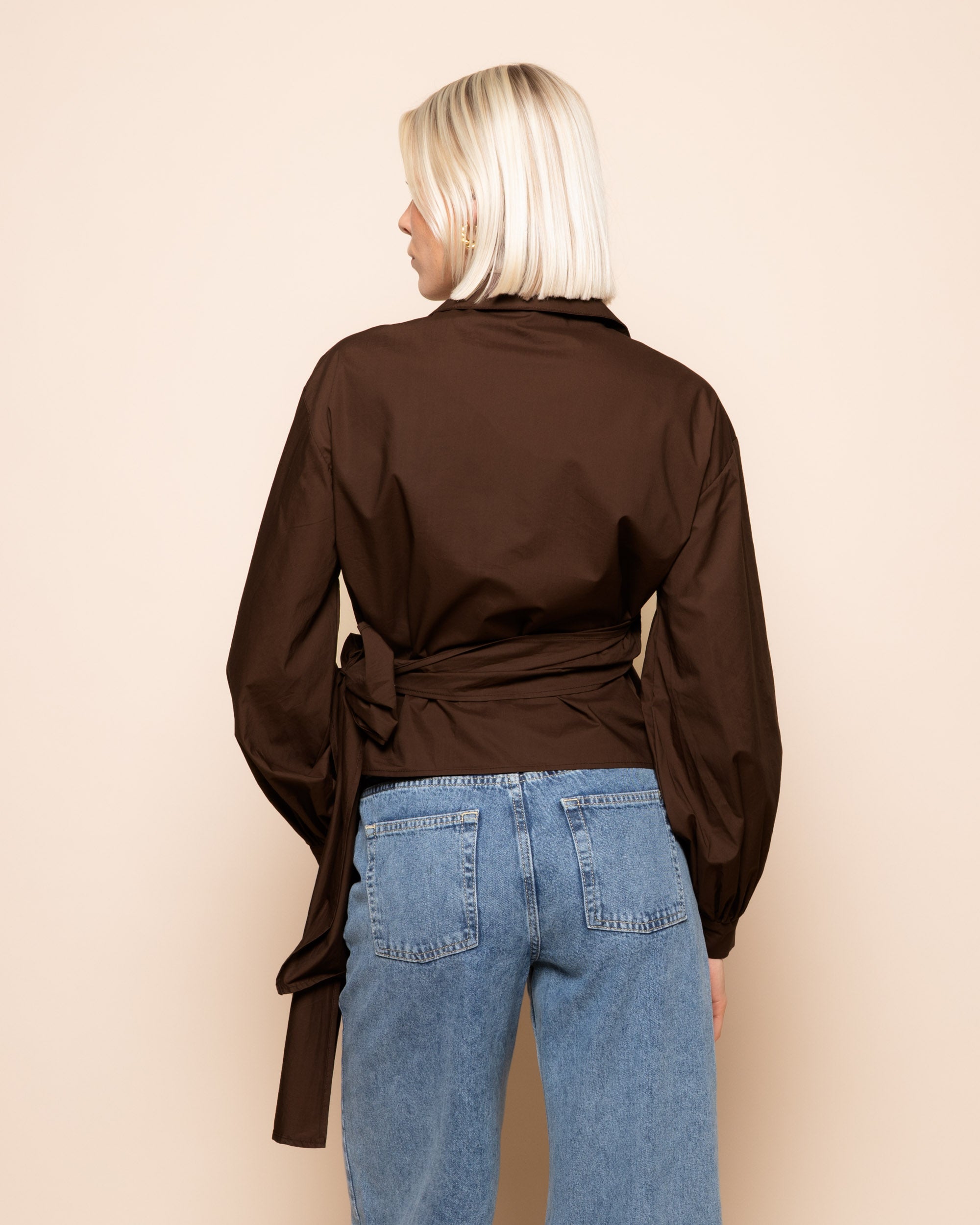 POPLIN WRAP KNOT BLOUSE BROWN