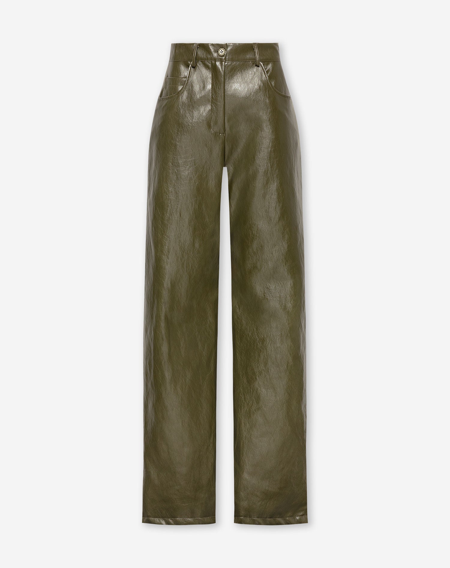 KATIE LIQUID LEATHER STRAIGHT LEG PANTS OLIJFGROEN