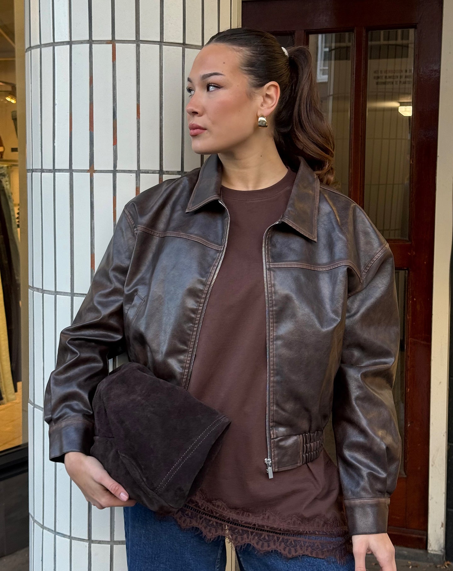 VINTAGE FAUX LEATHER BOMBER JACKET BRUIN