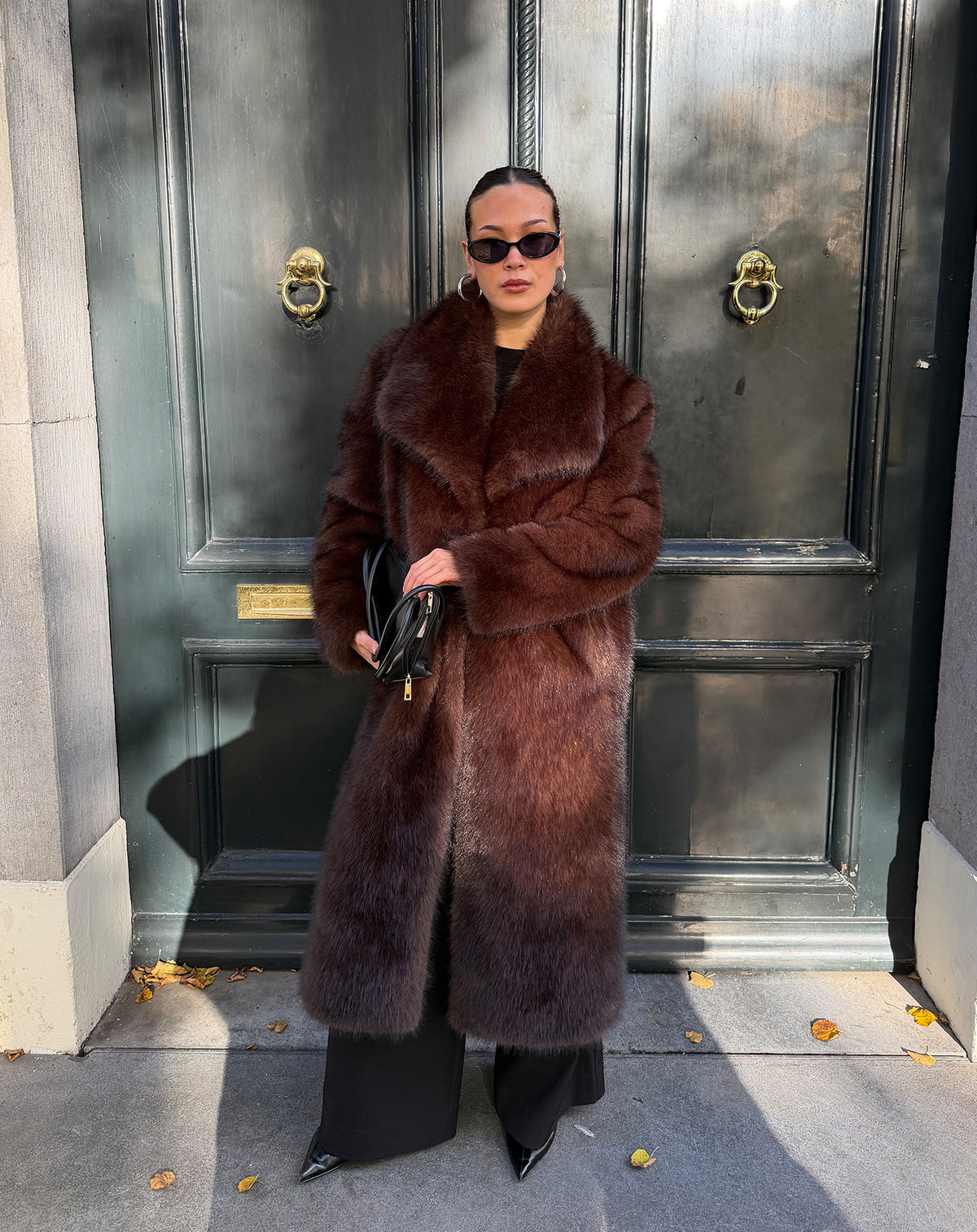 FAUX FUR LONG COAT BROWN