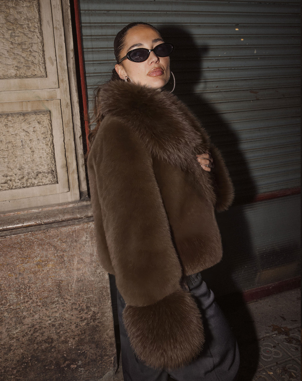 FAUX FUR CUFF COAT BROWN