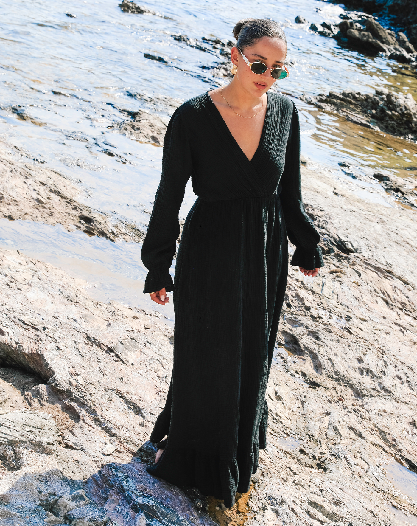 MOUSSELINE MAXI RUFFLE DRESS ZWART