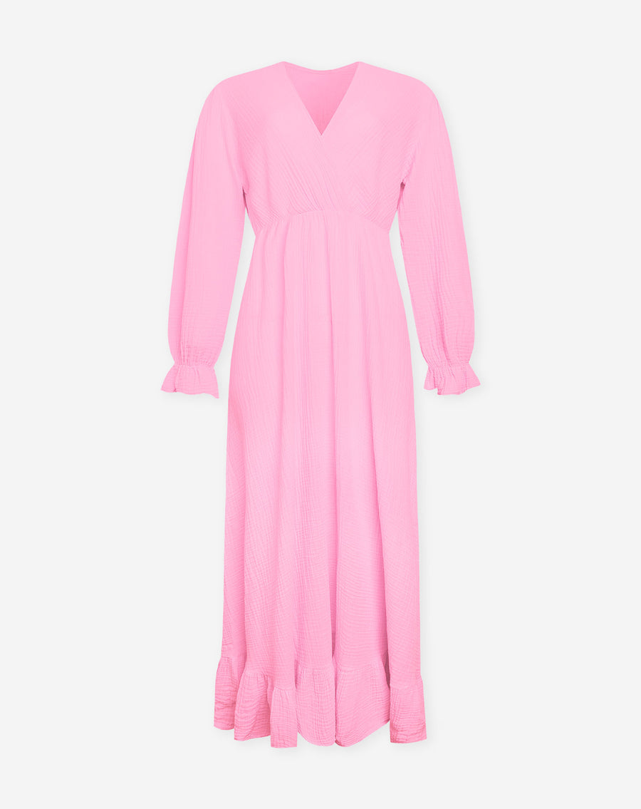 MOUSSELINE MAXI RUFFLE DRESS HARD ROZE