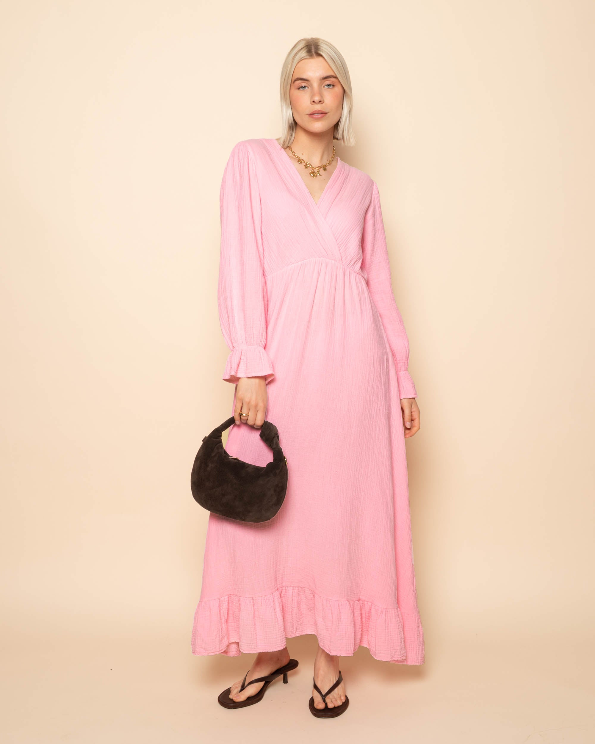 MOUSSELINE MAXI RUFFLE DRESS HARD ROZE