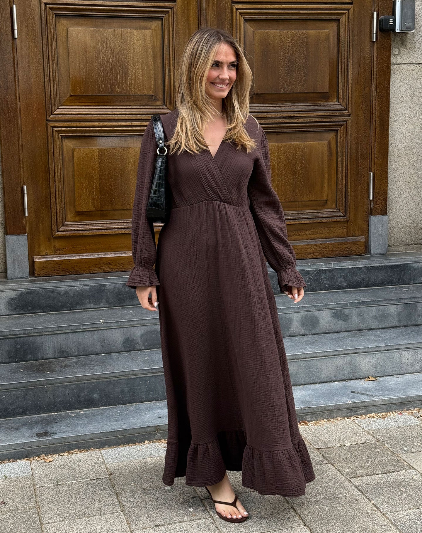 MOUSSELINE MAXI RUFFLE DRESS BROWN