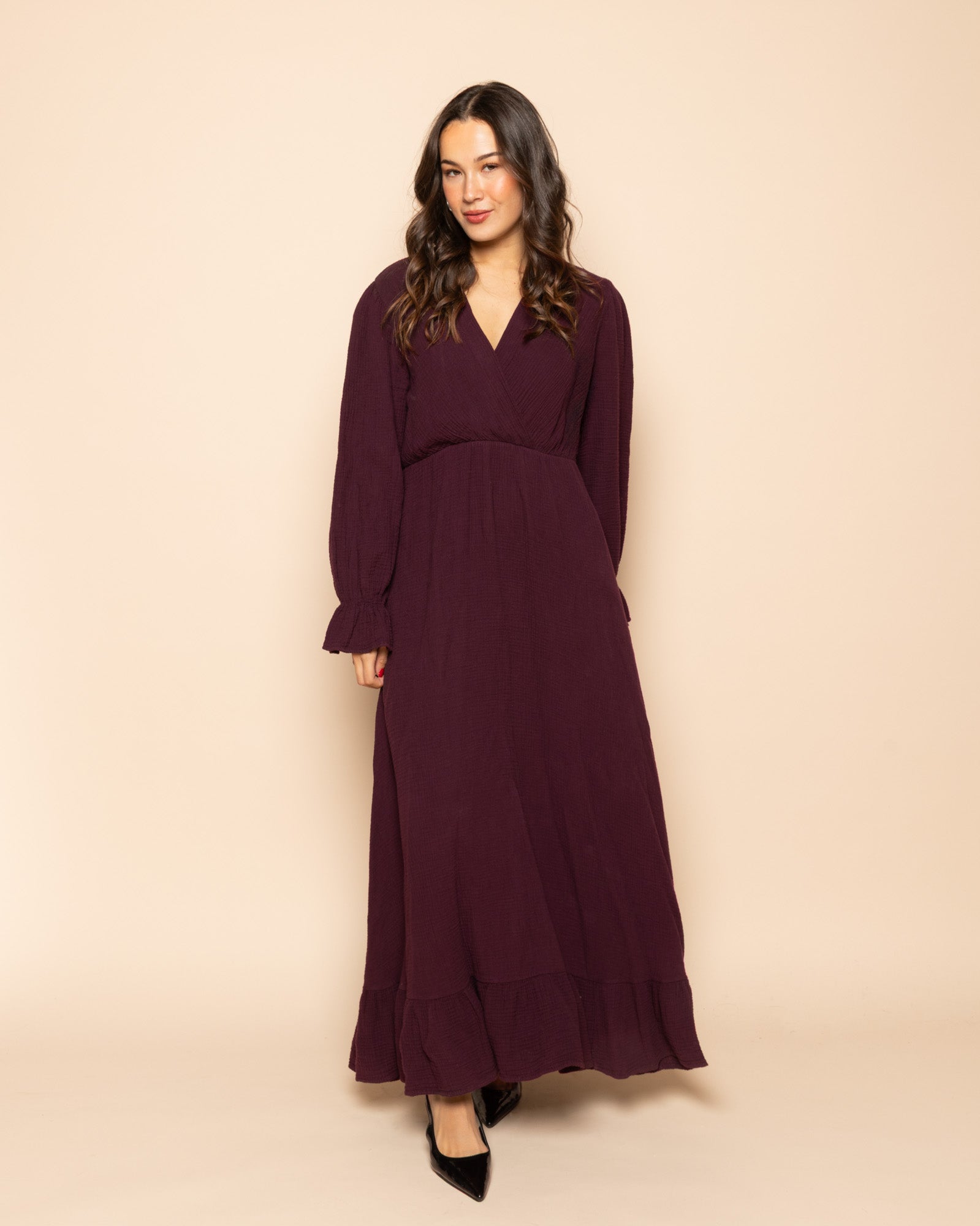 MOUSSELINE MAXI RUFFLE DRESS DONKER BURGUNDY