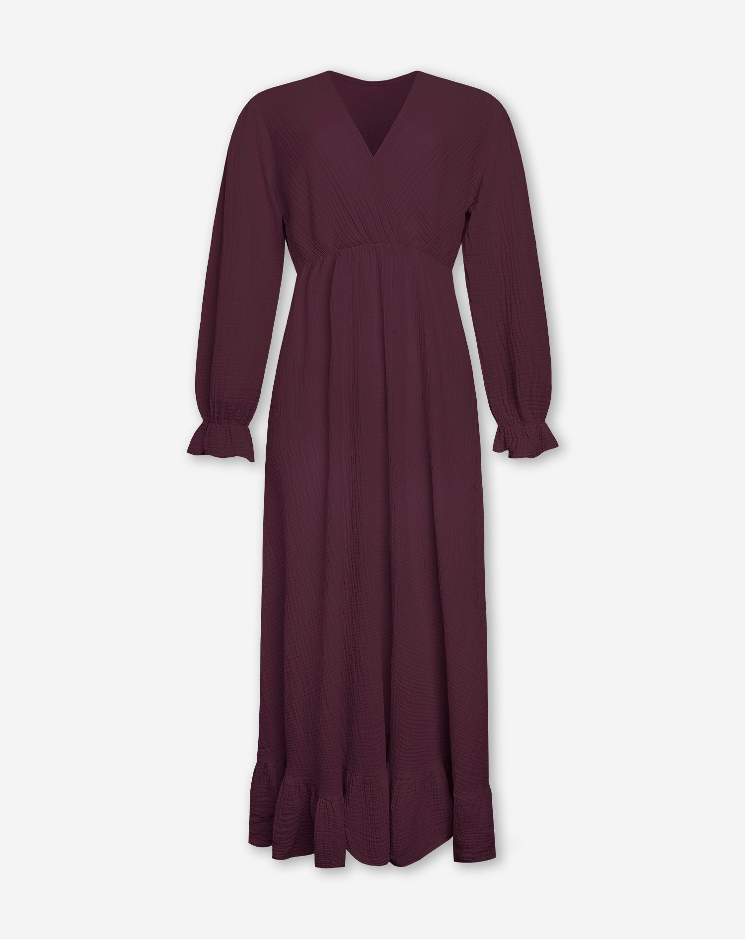 MOUSSELINE MAXI RUFFLE DRESS DONKER BURGUNDY