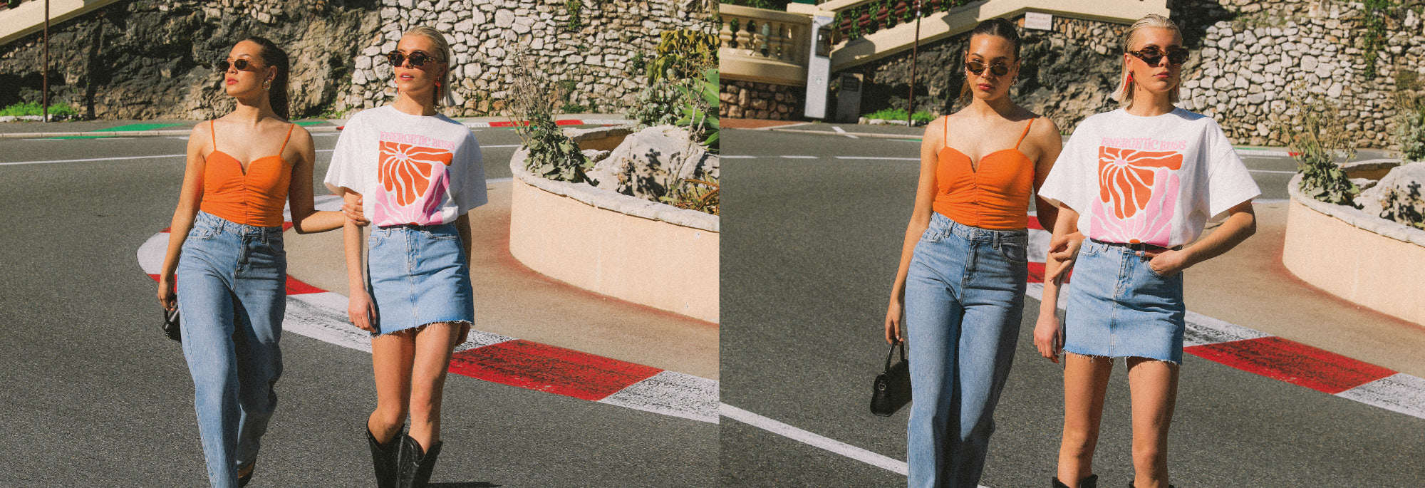 Twee vrouwen gekleed in jeans en top lopen gezellig naast elkaar op de weg in Monaco.