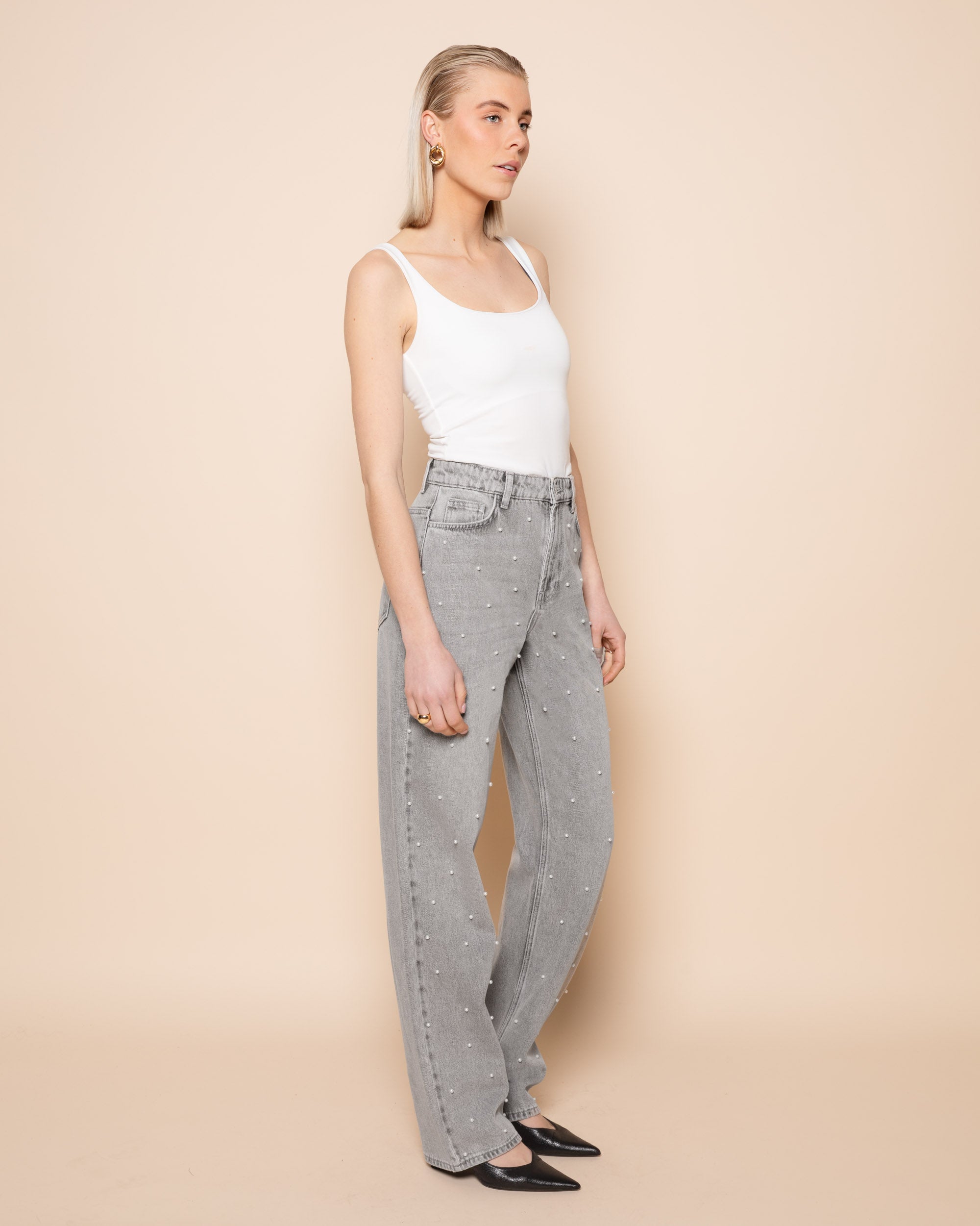 PEARL ALLOVER STRAIGHT LEG JEANS LICHTGRIJS