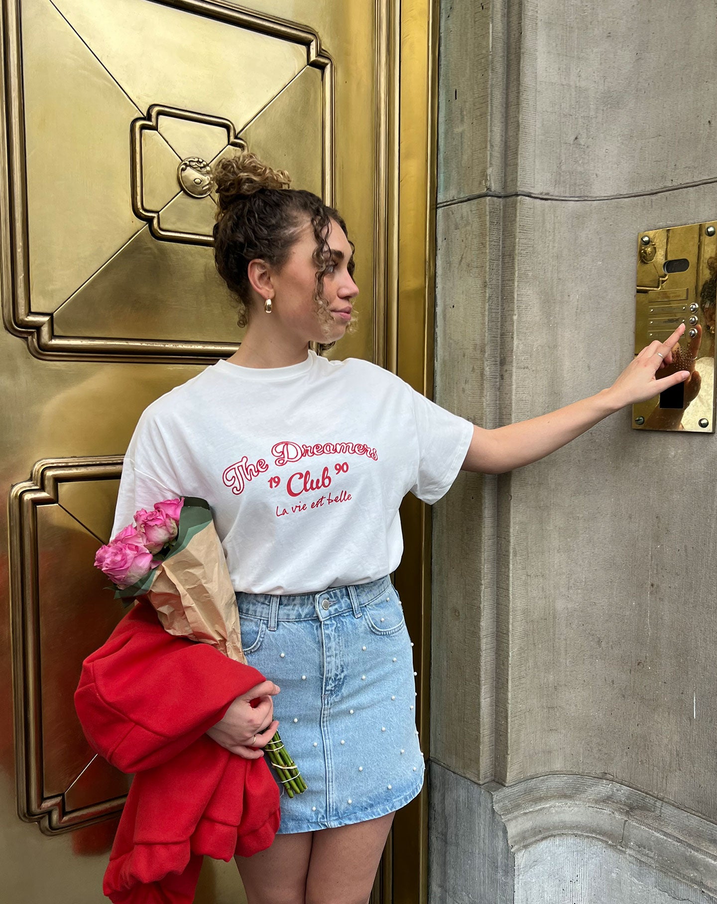 PEARL ALLOVER DENIM SKIRT LICHTBLAUW