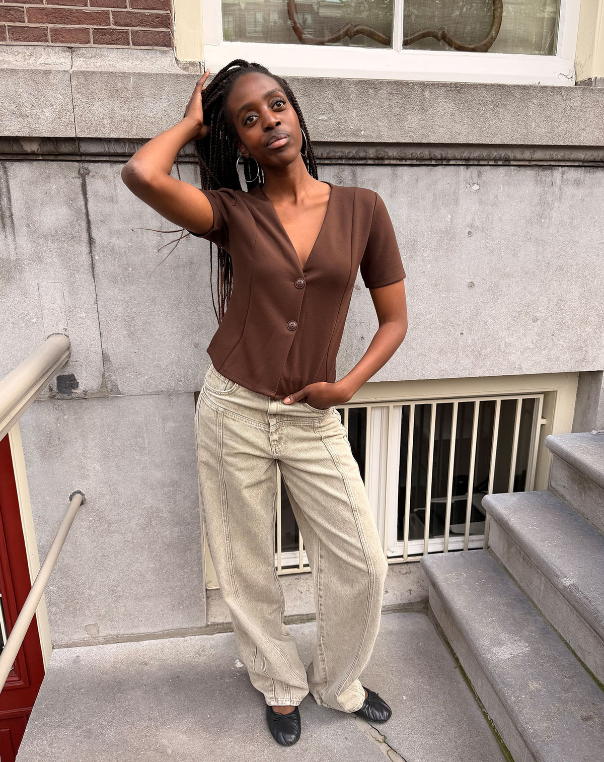 SCUBA PEPLUM BUTTON TOP CHOCOLATE BROWN