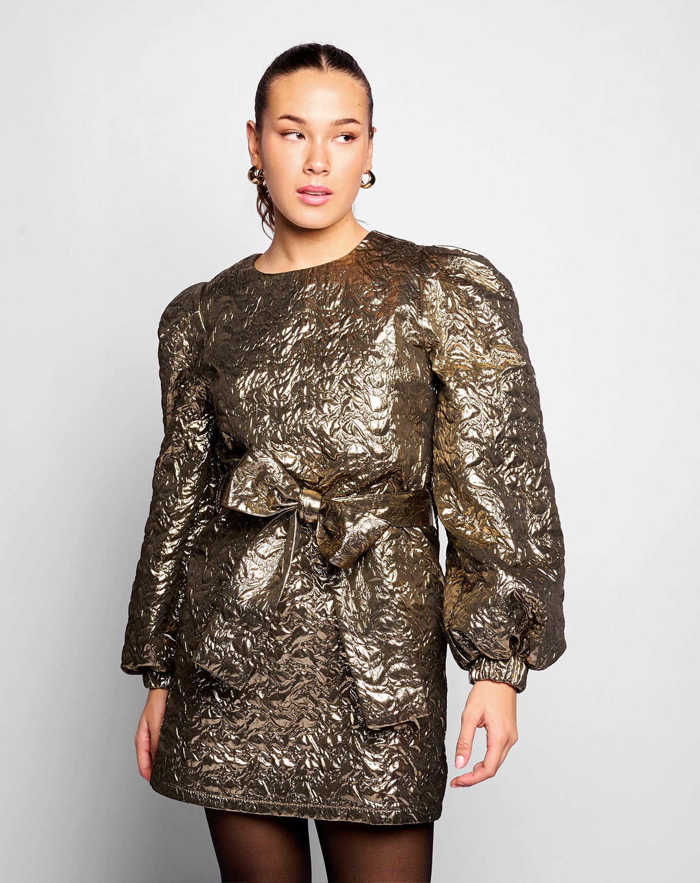 PAM PUFF SLEEVE BELTED DRESS DARK GOLD