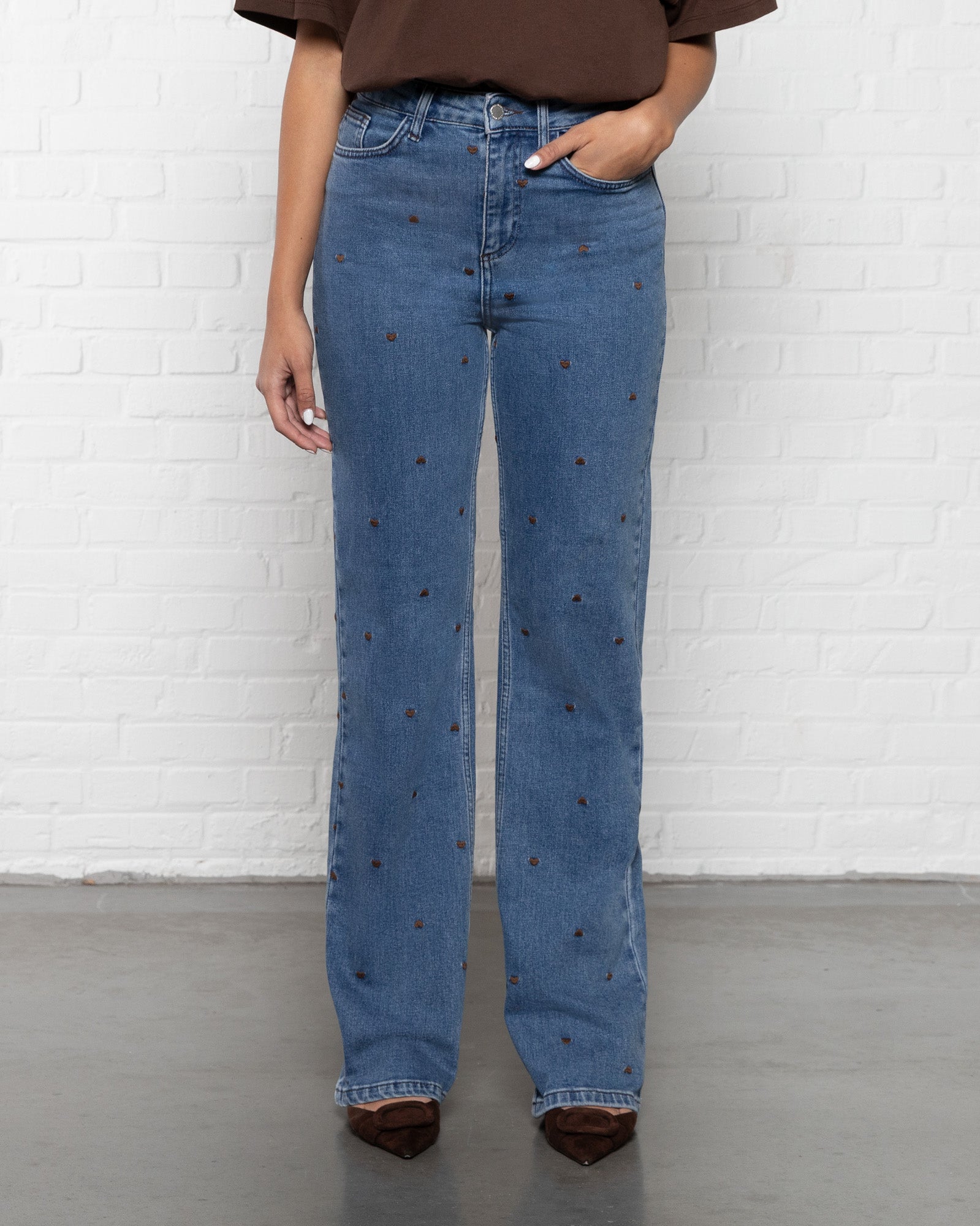 HEART BOOTCUT JEANS MID BLUE BROWN