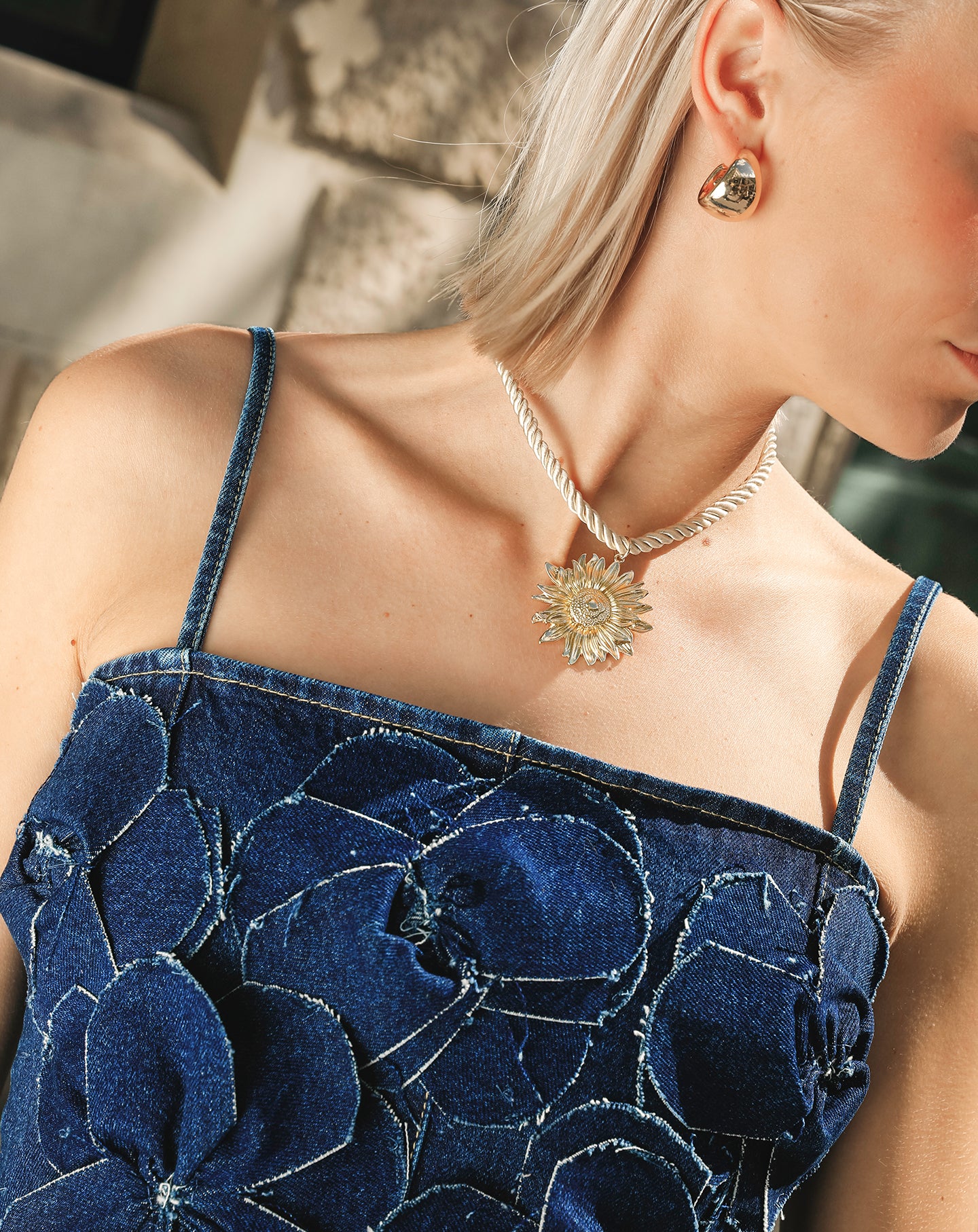 FLOWER DENIM CORSET TOP DARK BLUE