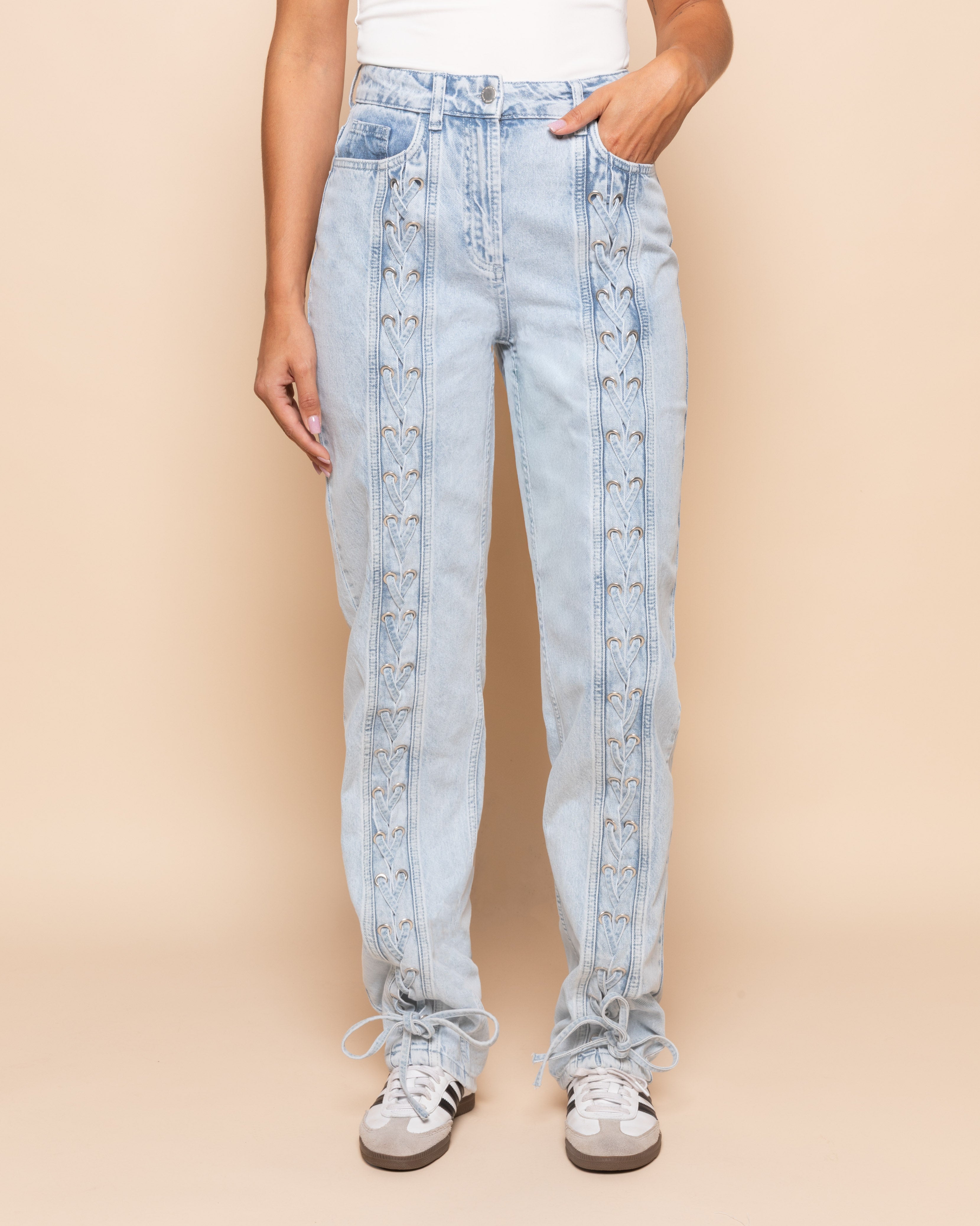 LACE UP JEANS LIGHT BLUE