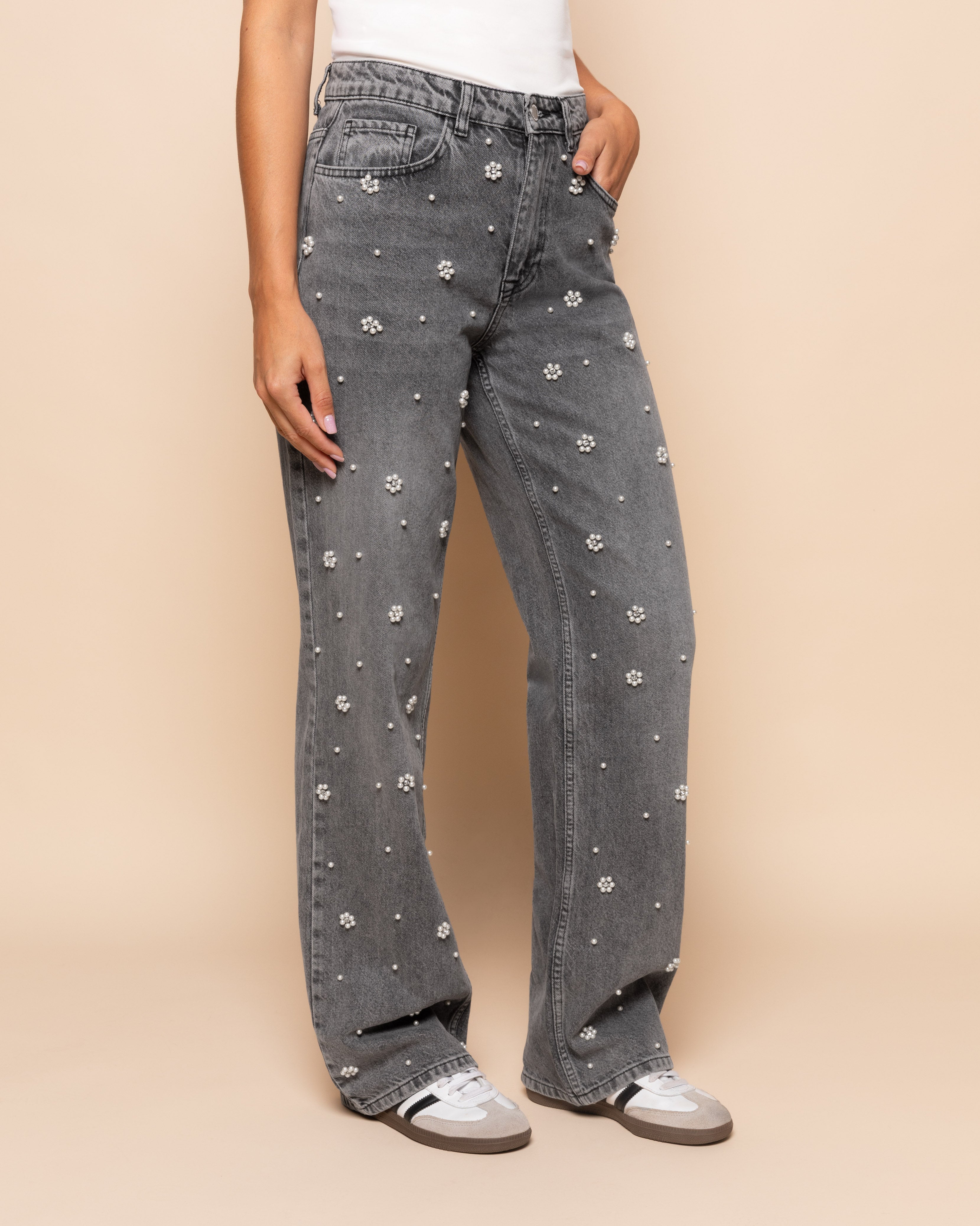 FLOWER PEARL JEANS GRIJS