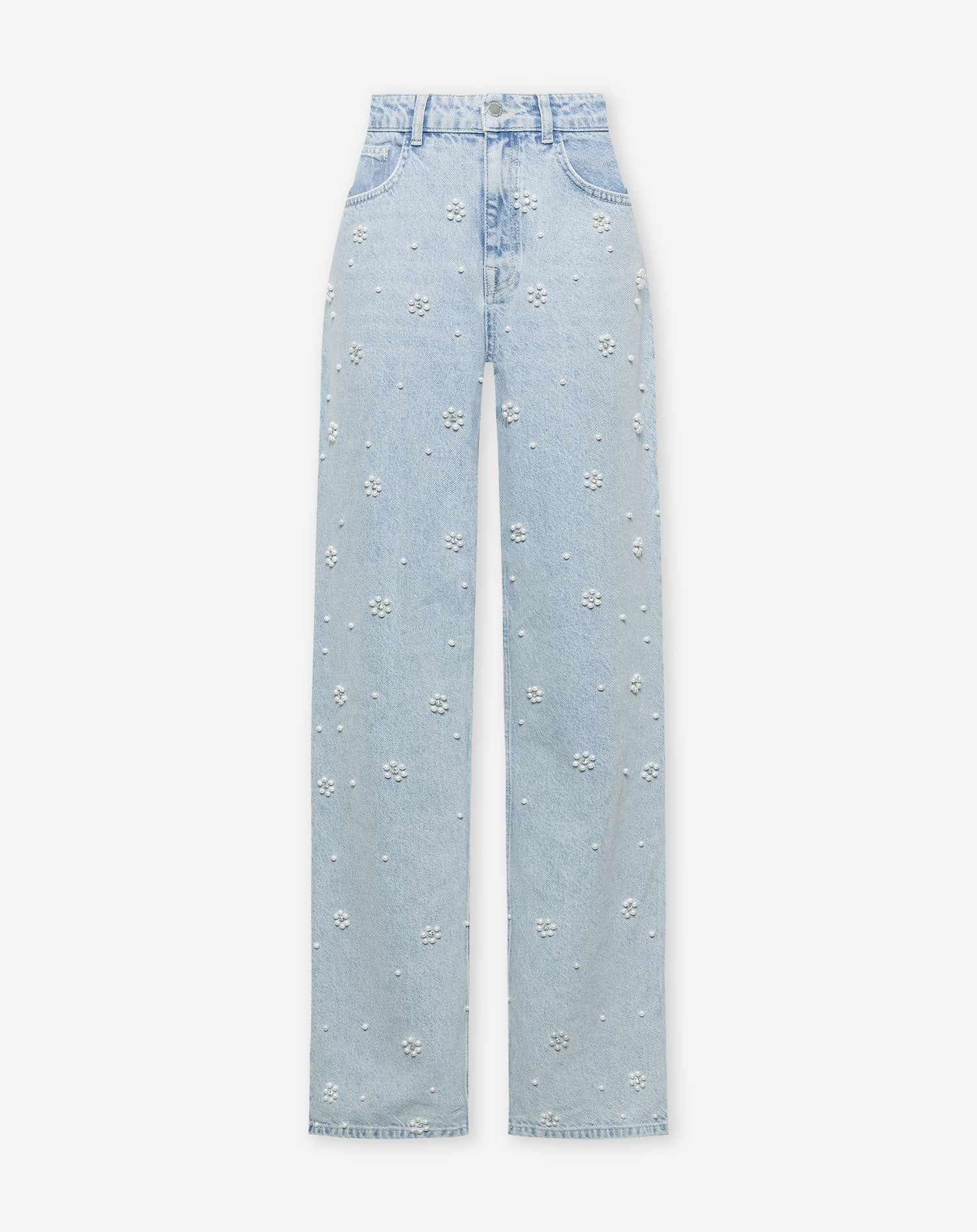 Lichtblauwe spijkerbroek met parels in bloemenvorm op de voorkant