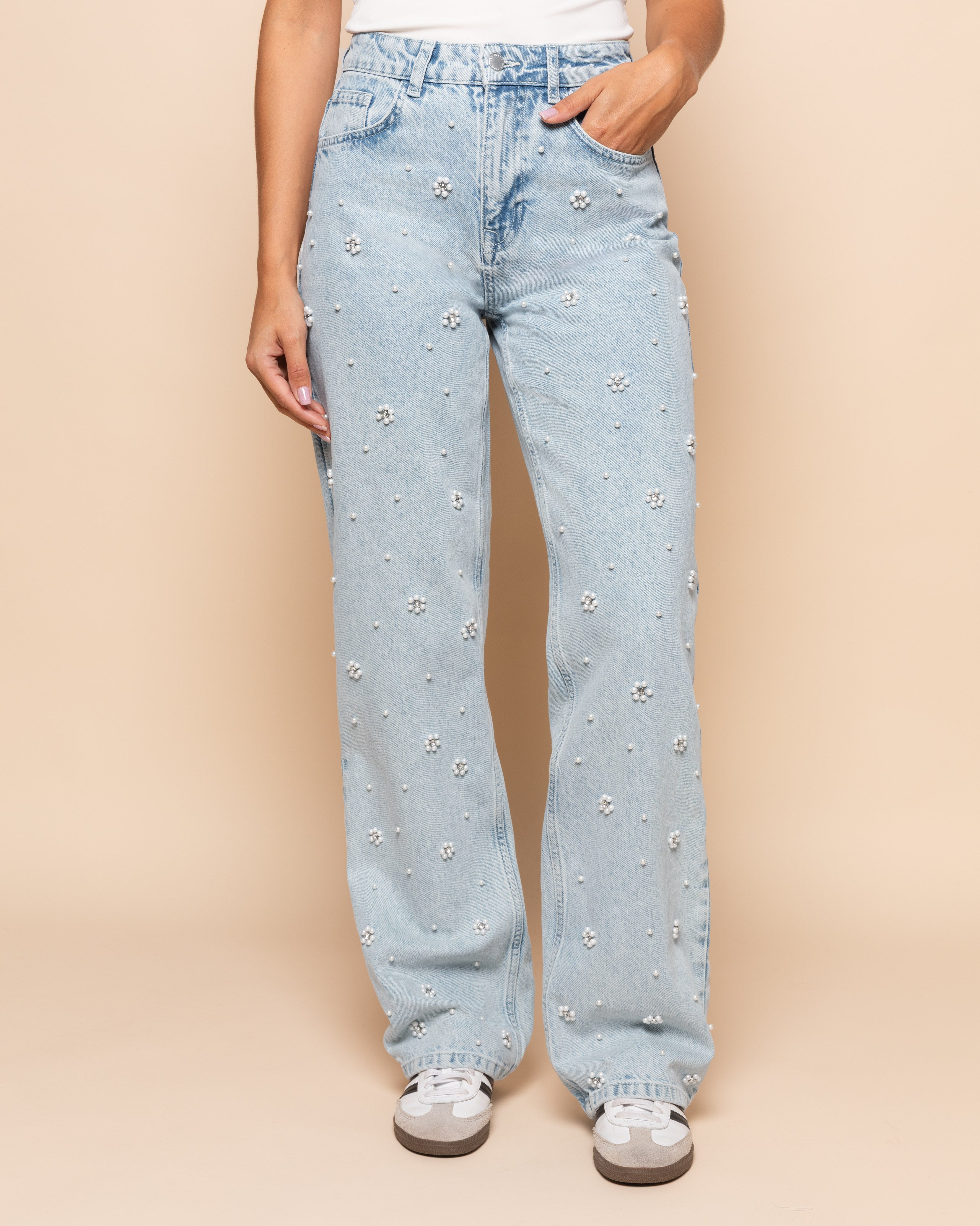 FLOWER PEARL JEANS LICHTBLAUW