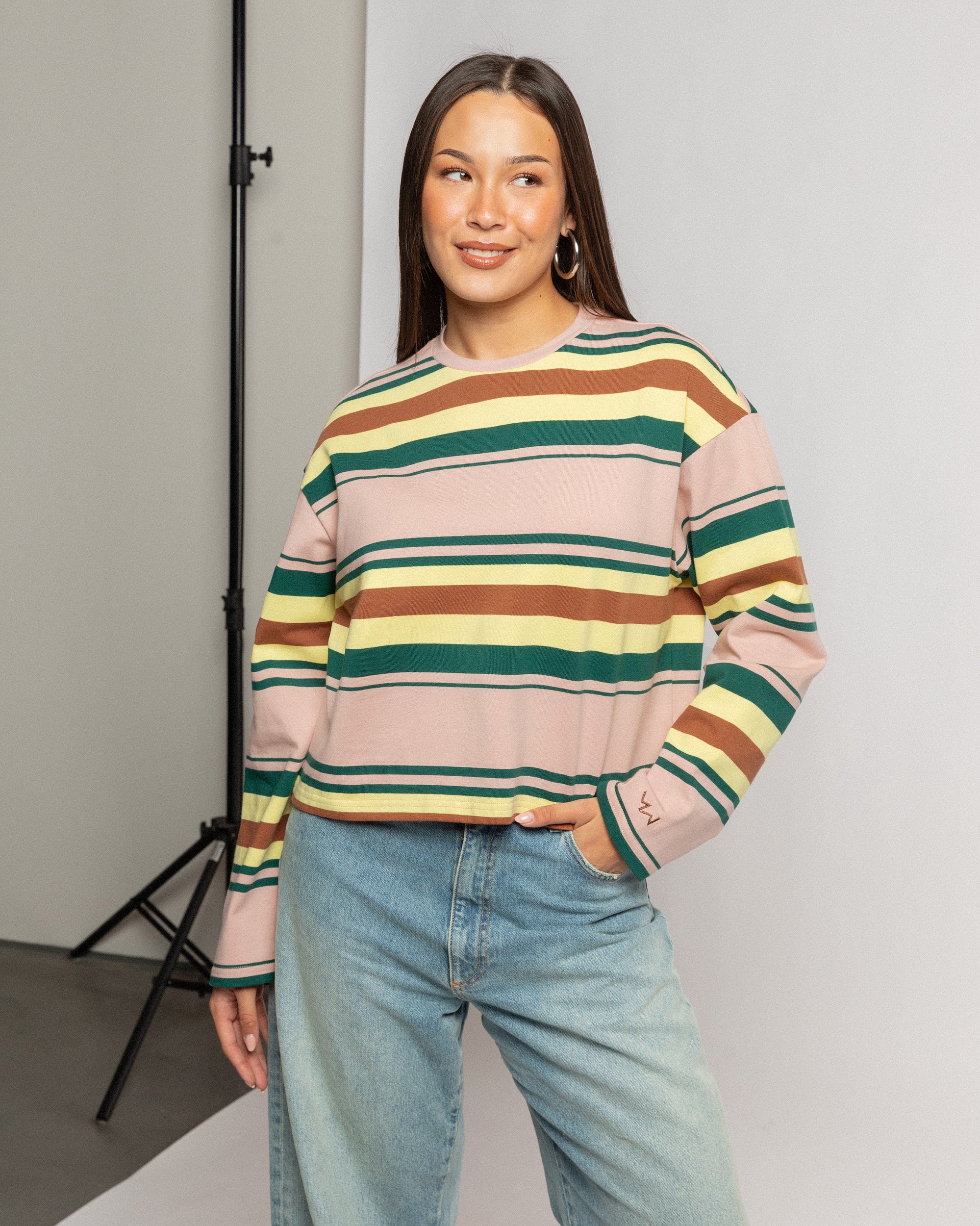 LAINA STRIPED LONG SLEEVE CROPPED TEE ROZE
