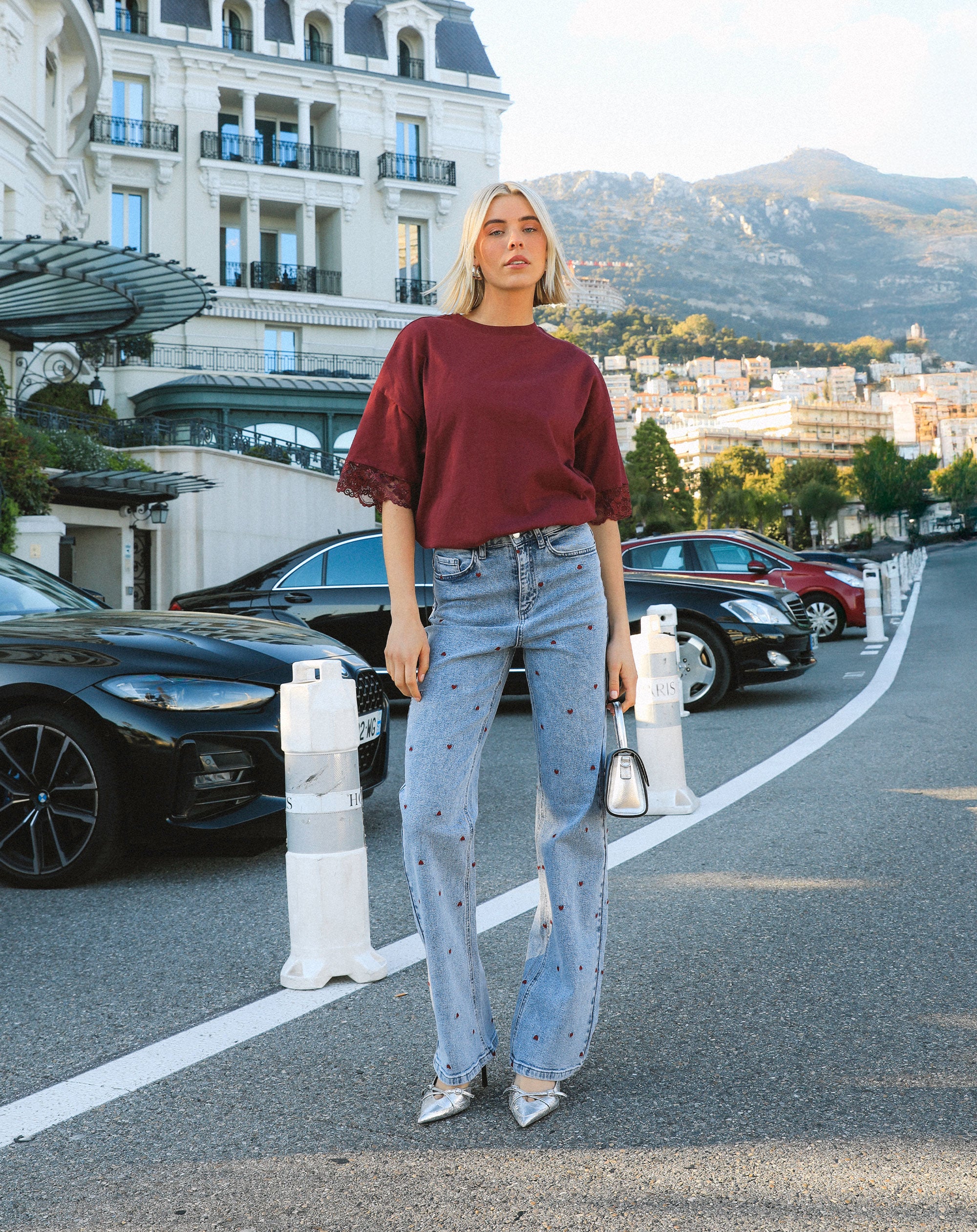 LACE SLEEVE OVERSIZED TEE BURGUNDY