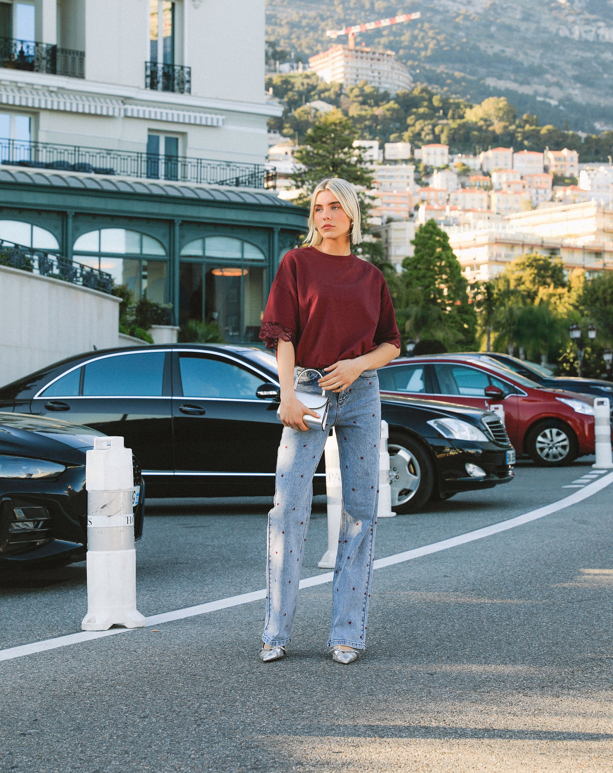 LACE SLEEVE OVERSIZED TEE BURGUNDY