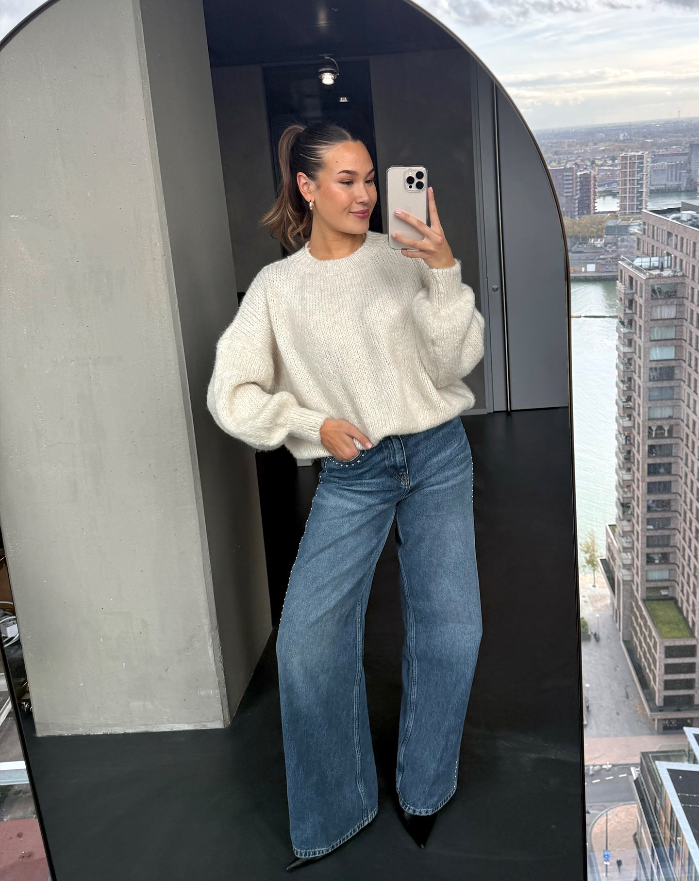 STUD WIDE LEG JEANS DONKERBLAUW