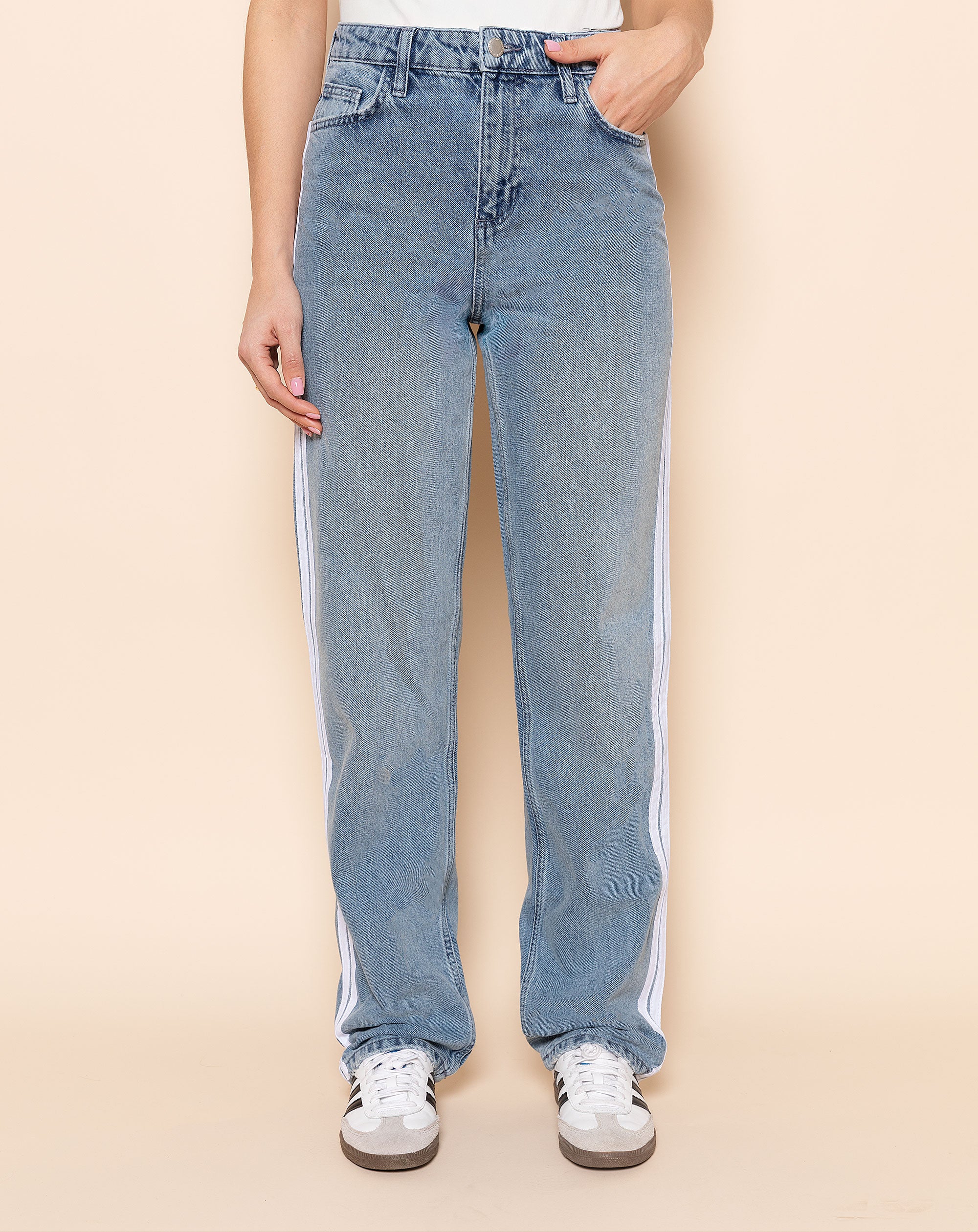 TAPE DENIM STRAIGHT LEG JEANS BLAUW