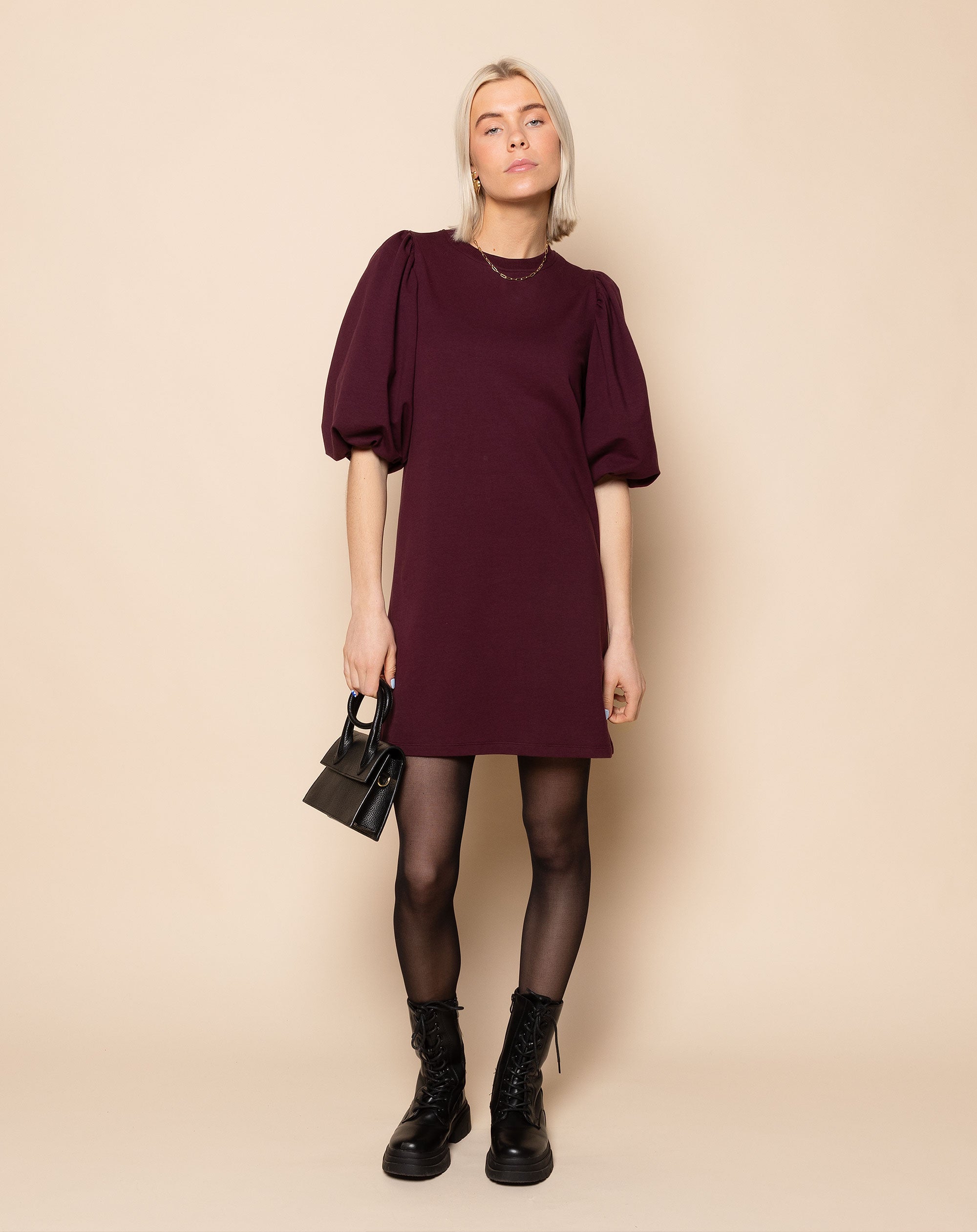 LOA PUFF SLEEVE SWEAT DRESS DONKER BURGUNDY