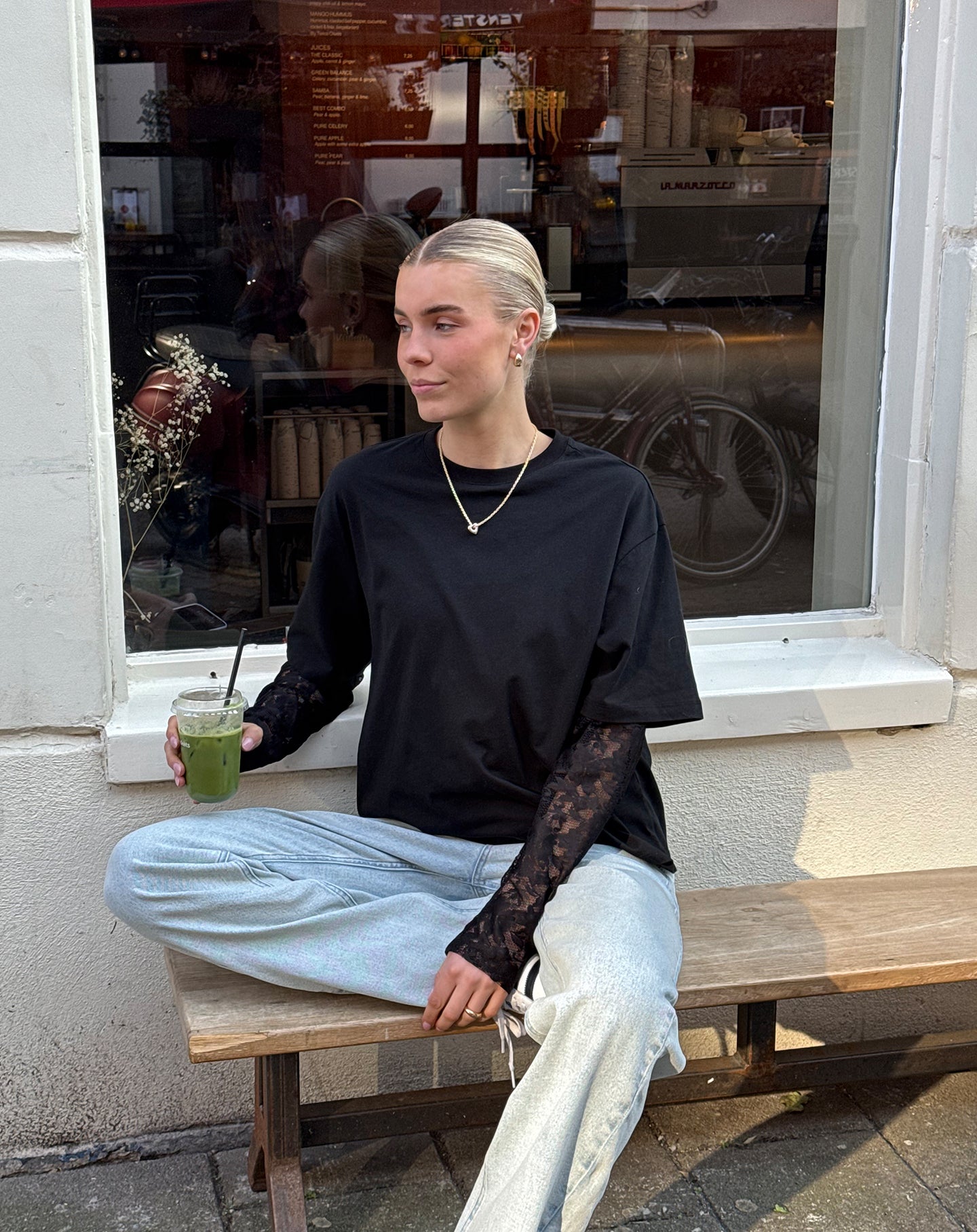 LACE LONG SLEEVE OVERSIZED TEE BLACK