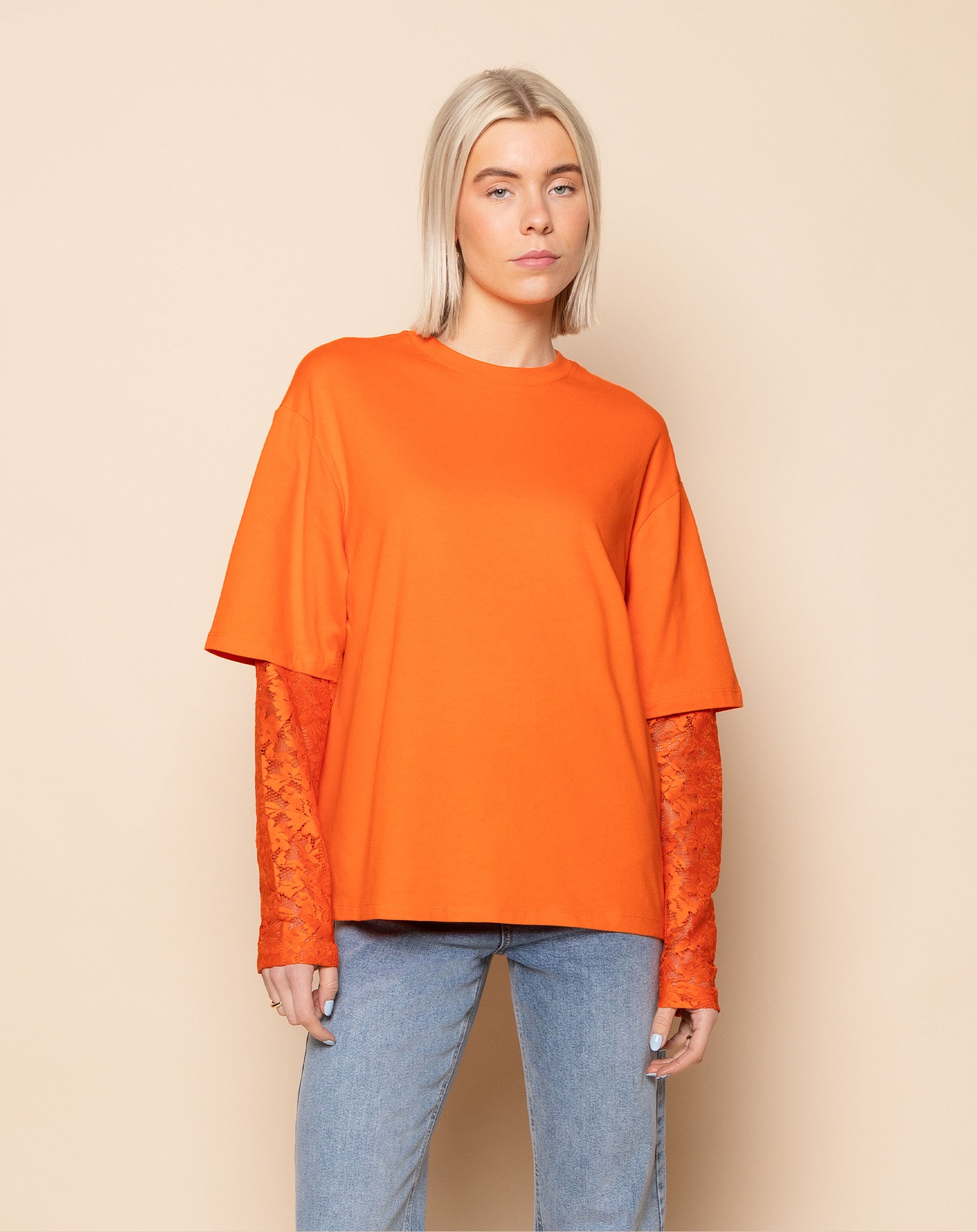 LACE LONG SLEEVE OVERSIZED TEE ORANGE