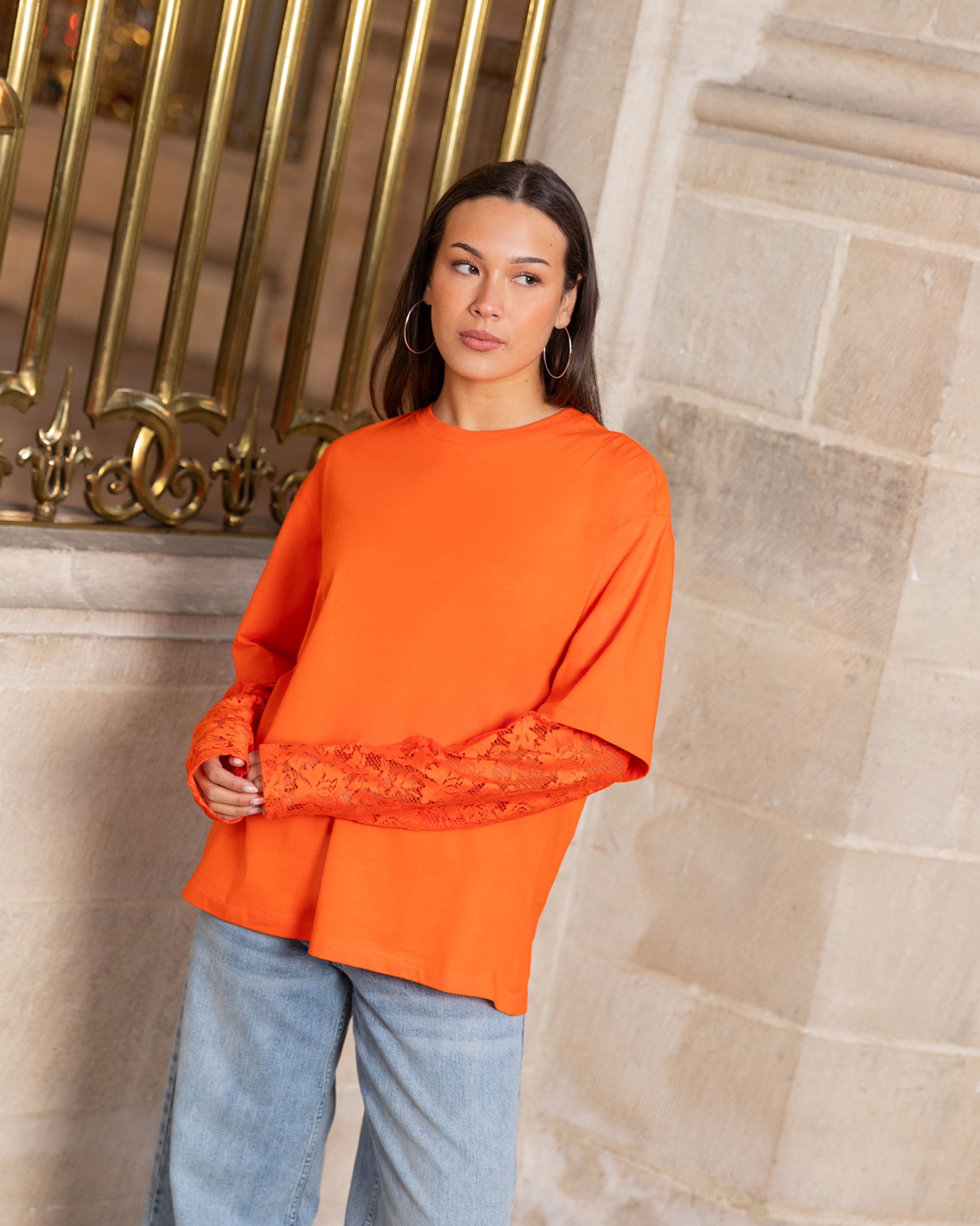 LACE LONG SLEEVE OVERSIZED TEE ORANJE