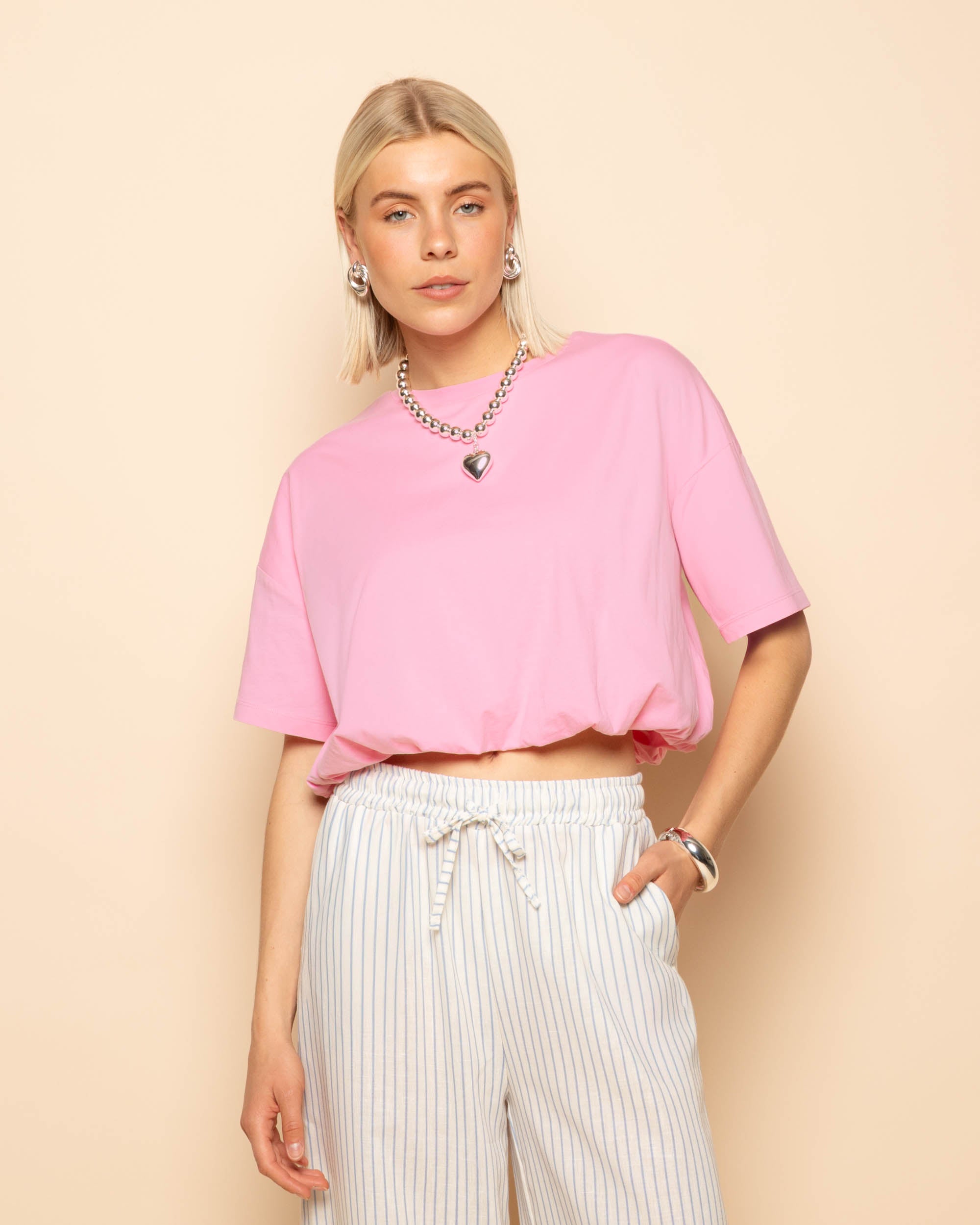 CROPPED BUBBLE HEM TEE ROZE