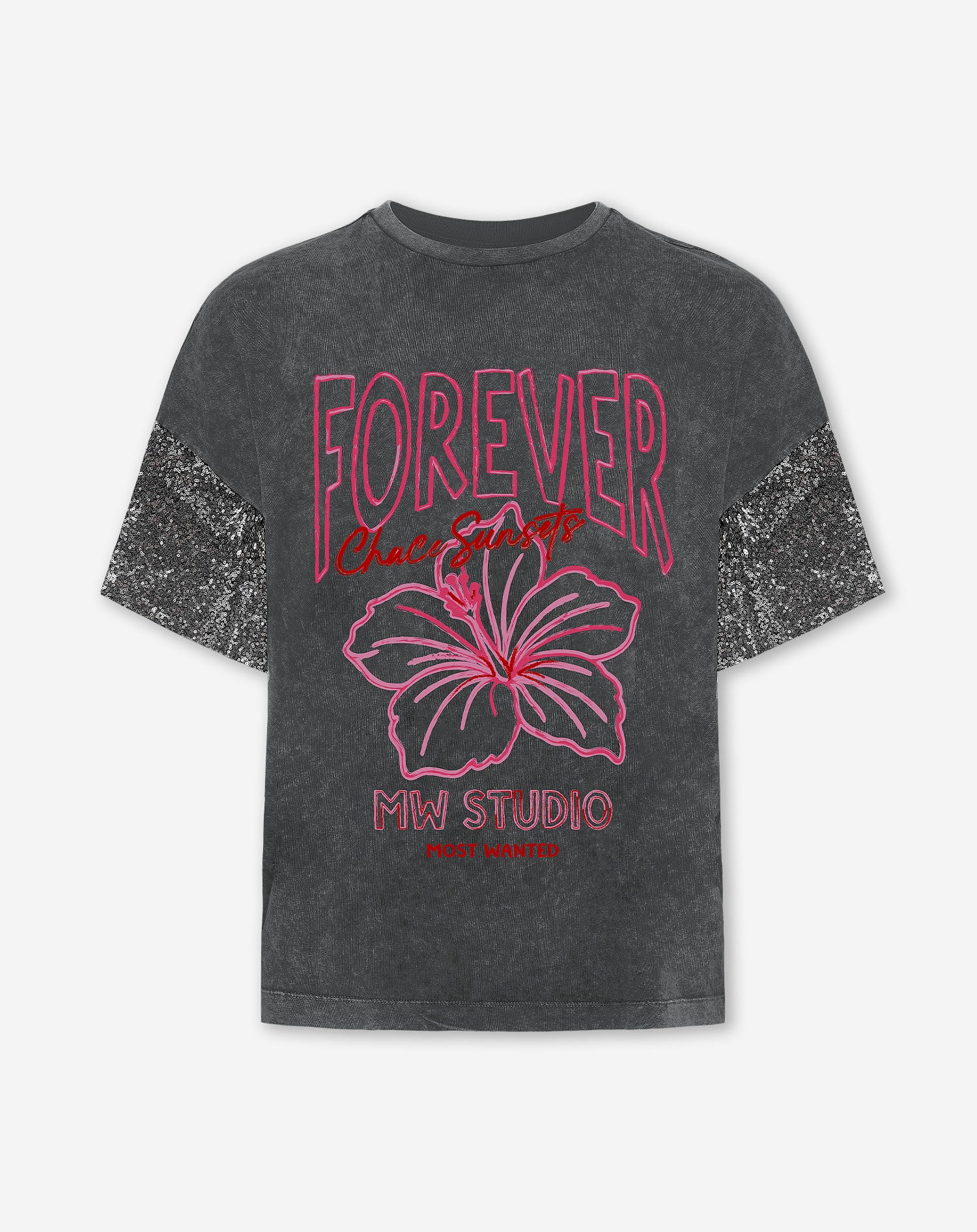 FOREVER SEQUIN SLEEVE OVERSIZED TEE ACID GREY