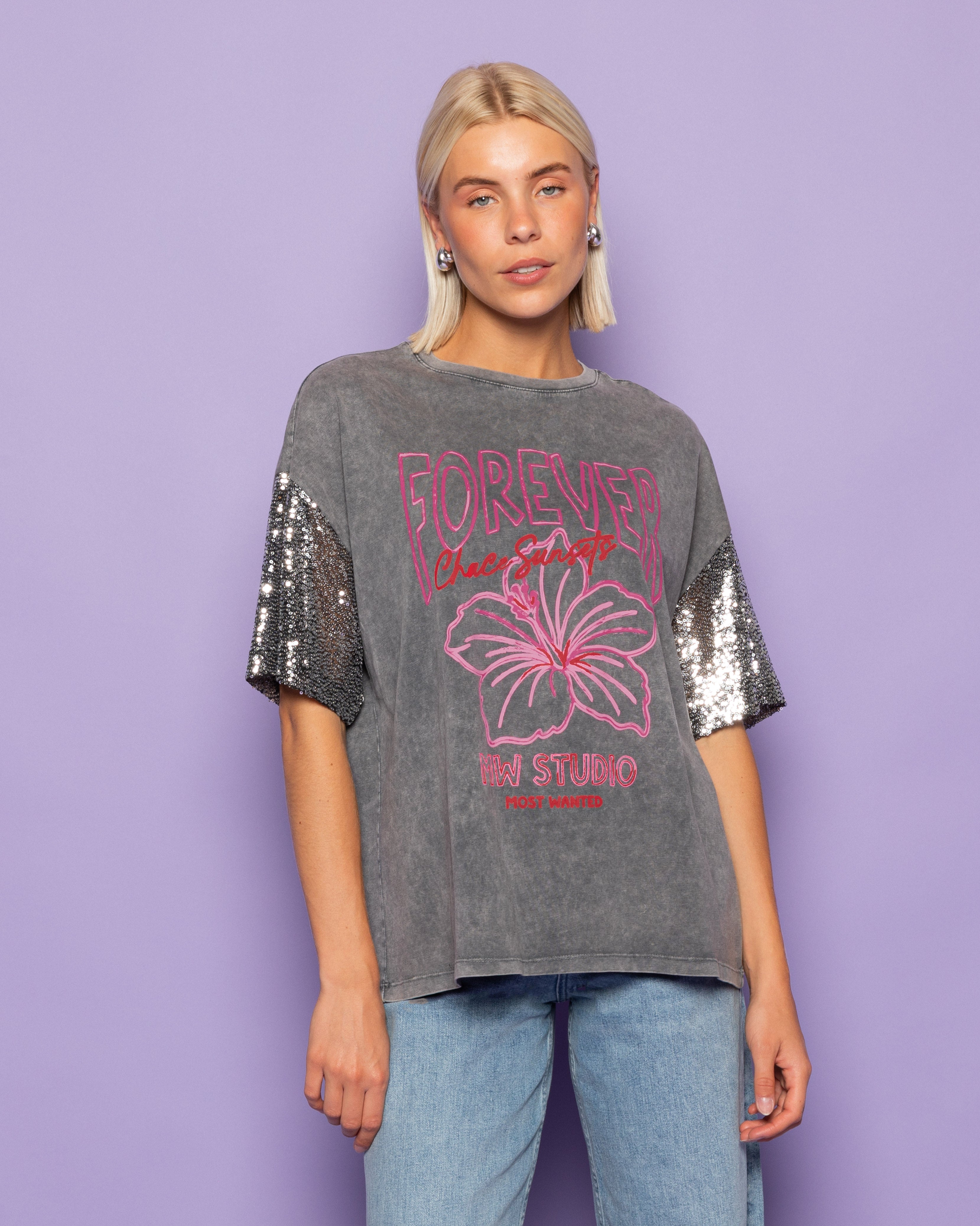 FOREVER SEQUIN SLEEVE OVERSIZED TEE ACID GREY
