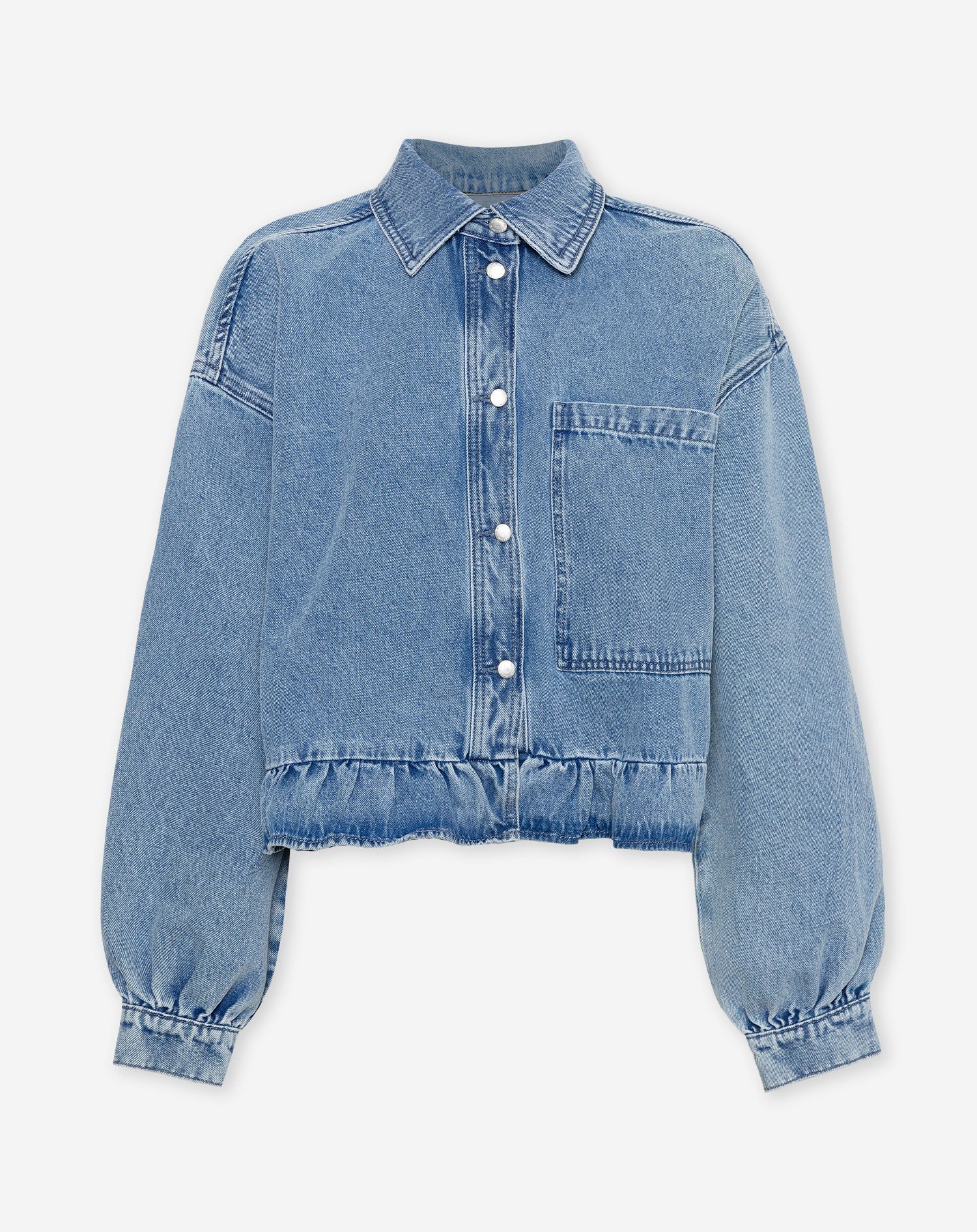 RUFFLE DENIM JACKET LUCHTBLAUW